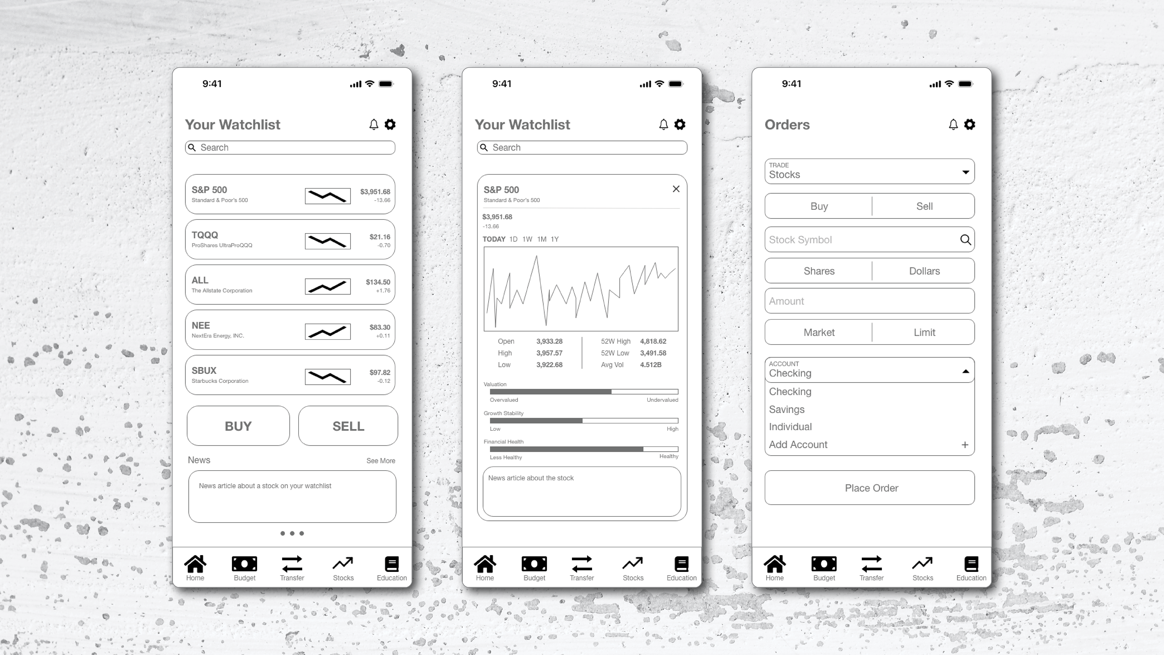 The image shows three wireframe screens of a stock trading app. The first screen lists stocks with their prices and mini charts. The second screen displays a stock's performance chart, key stats, and financial health indicators. The third screen shows order details with switchable buttons and a "Place Order" button on the bottom.