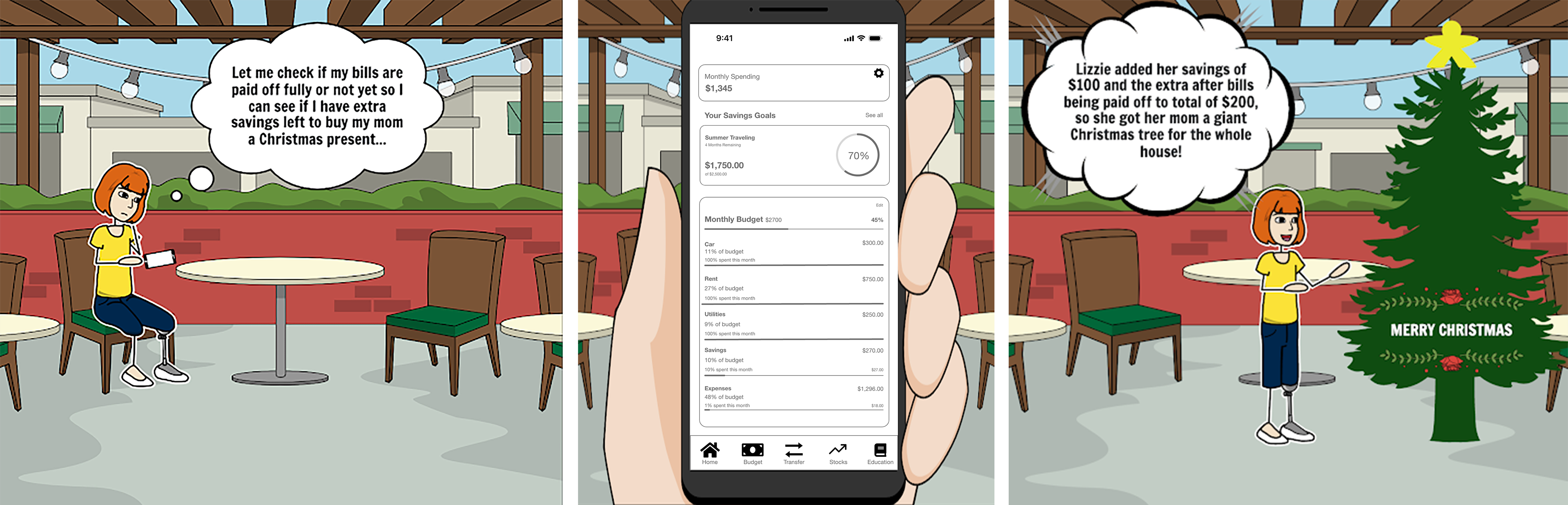 A comic strip picture. The animated Persona 3 character uses the Cache application to check her finances and savings to make sure she can buy a present for her mother.