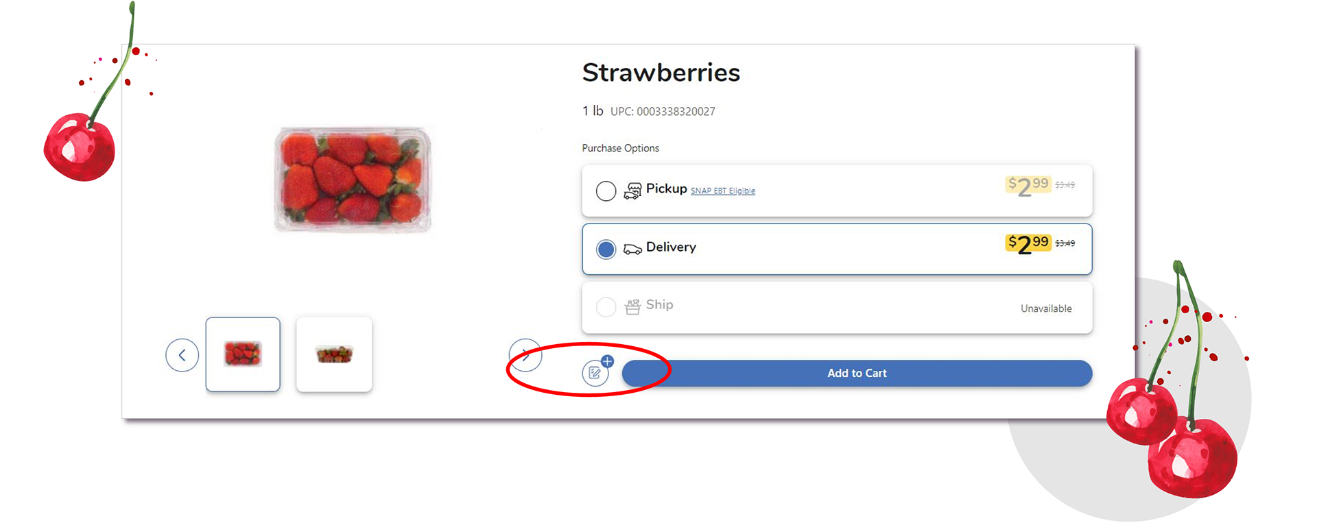 Item detail page showing a pack of strawberries on the left, with a list of purchase options and item price on the right, and a small icon and an Add to Cart button on the bottom of the image.