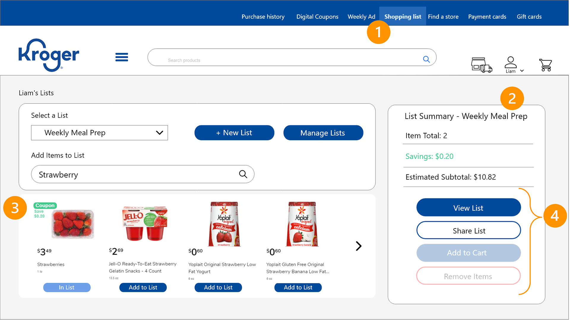 A mockup of Kroger webpage showing the improvements to the new design. The enhanced sections are labeled with numbers 1 to 4, accompanied by descriptions in the panel next to the image.