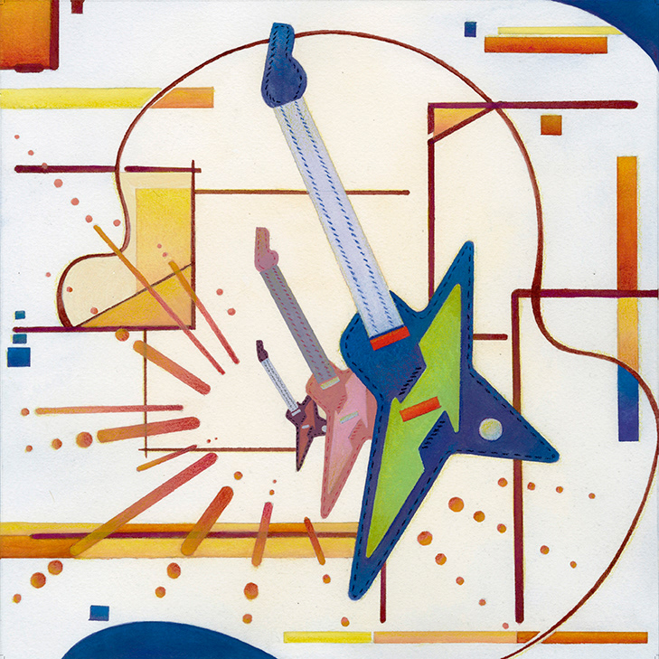 Xiao Li, "Guitar, Guitar and Guitar," Watercolor, Pastel, Ink, and Gouache, 2023