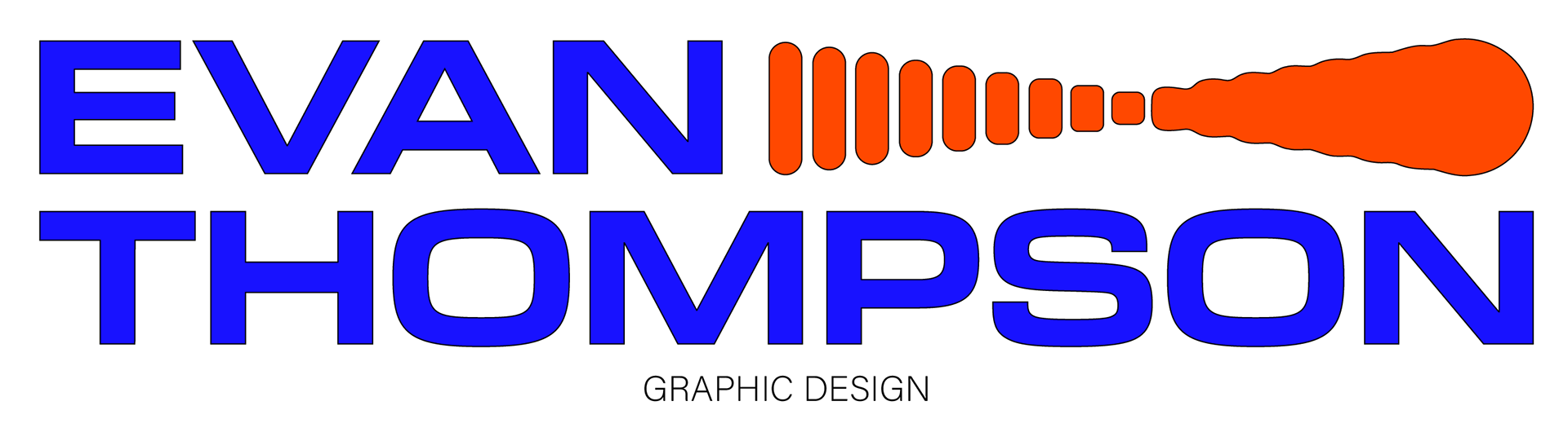 Evan Thompson Graphic Design Logo. Big Bold Blue Lettering with and Bright Orange Abstract Shape