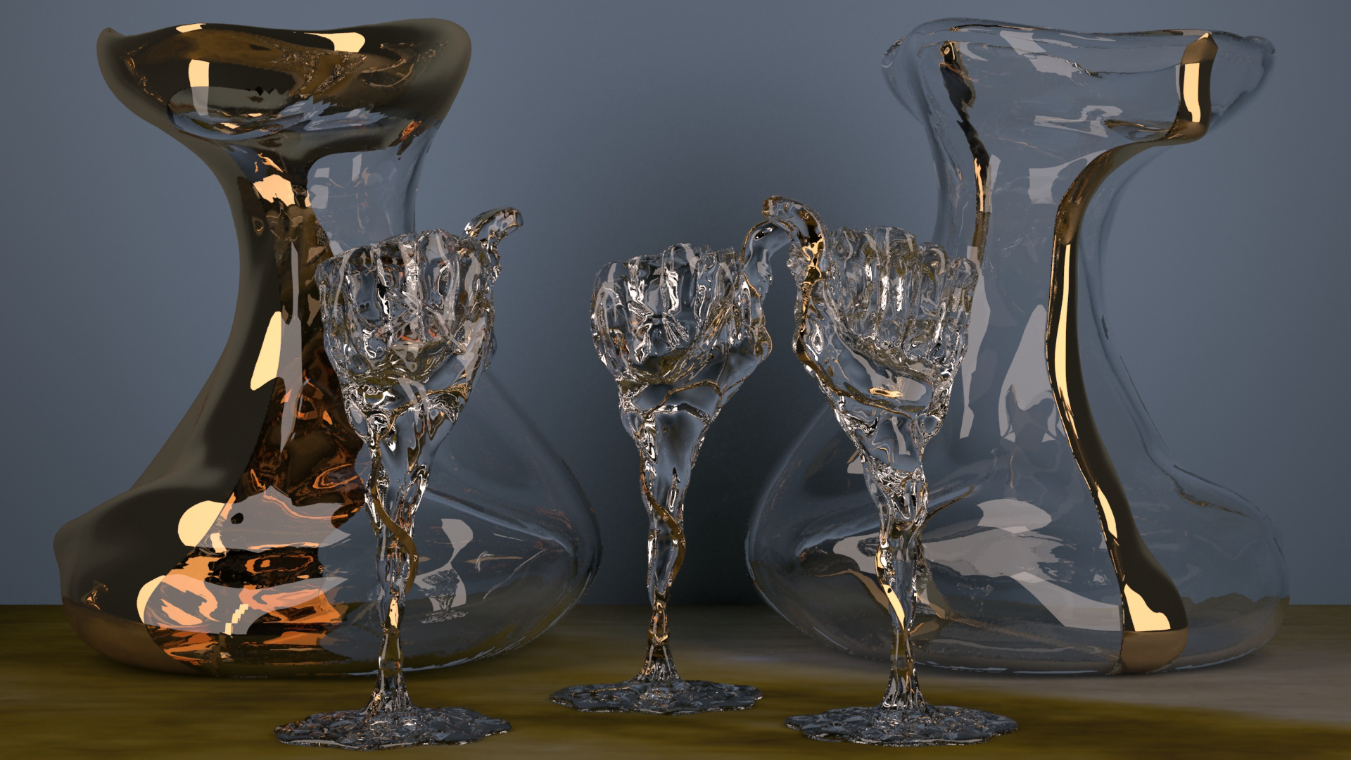 Glass and gold wine decanters and glasses