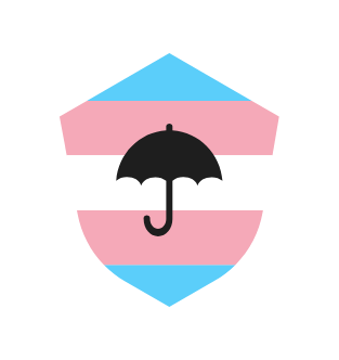 [A 2d image of a black umbrella on a shield shaped emblem made up of baby blue, pastel pink and white stripes] Potential logo design by Hana Jimenez