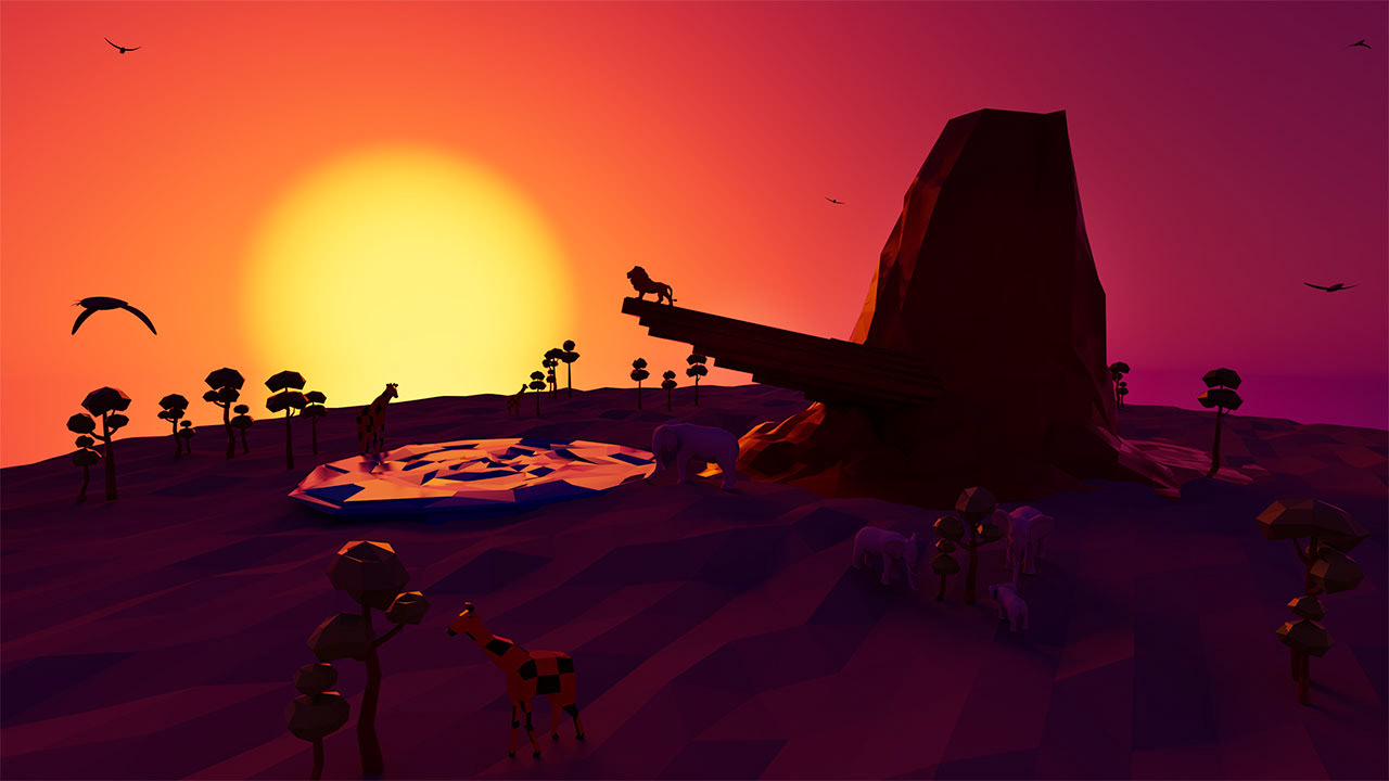 Low-poly Pride Rock scene rendered with Redshift