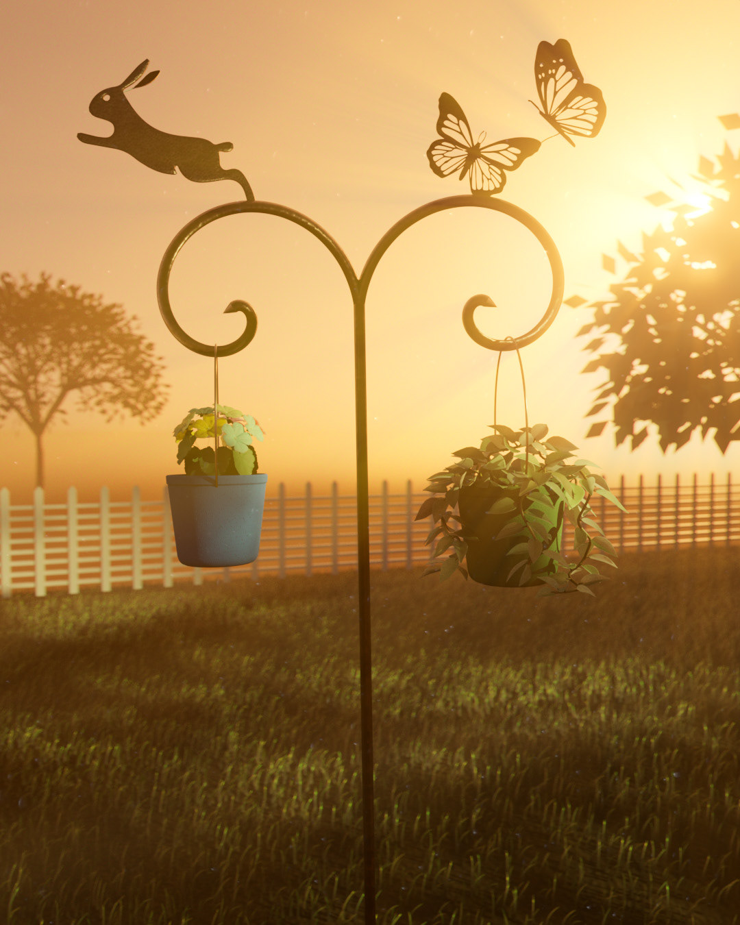 A shepherd's hook holding two potted plants at sunrise
