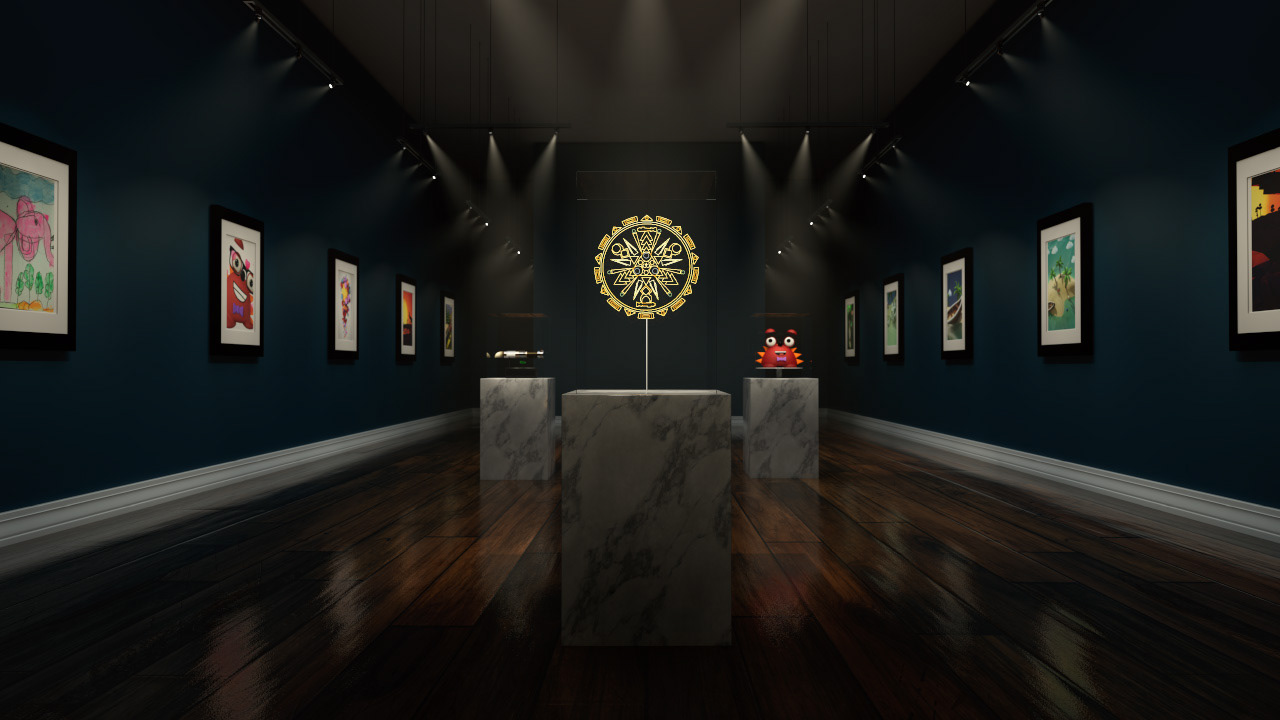 A museum gallery with a glass sculpture and some past renders