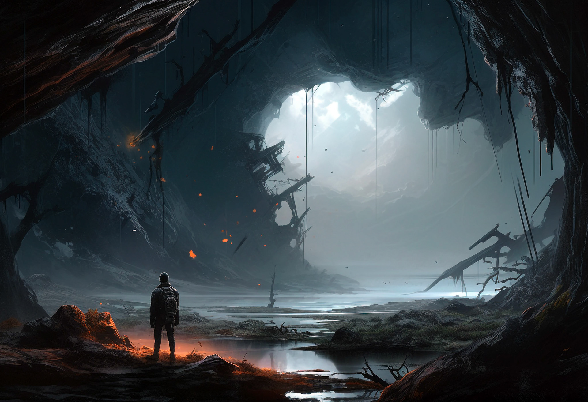 A Man Standing Inside An Abandon Cave