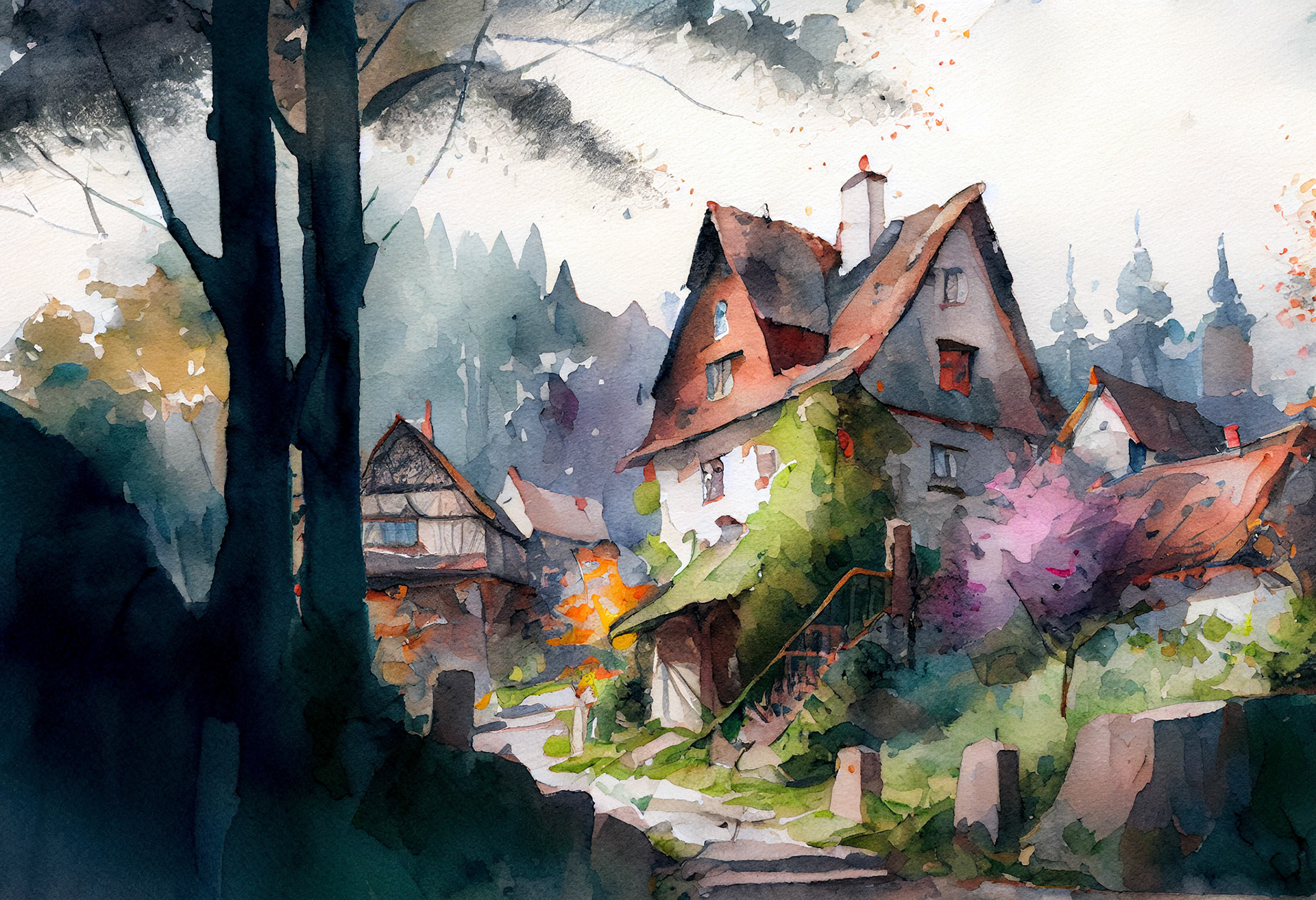 Watercolor Sketch Of A Village #9