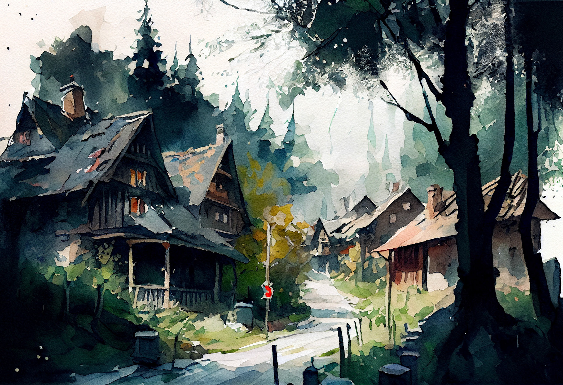 Watercolor Sketch Of A Village #6