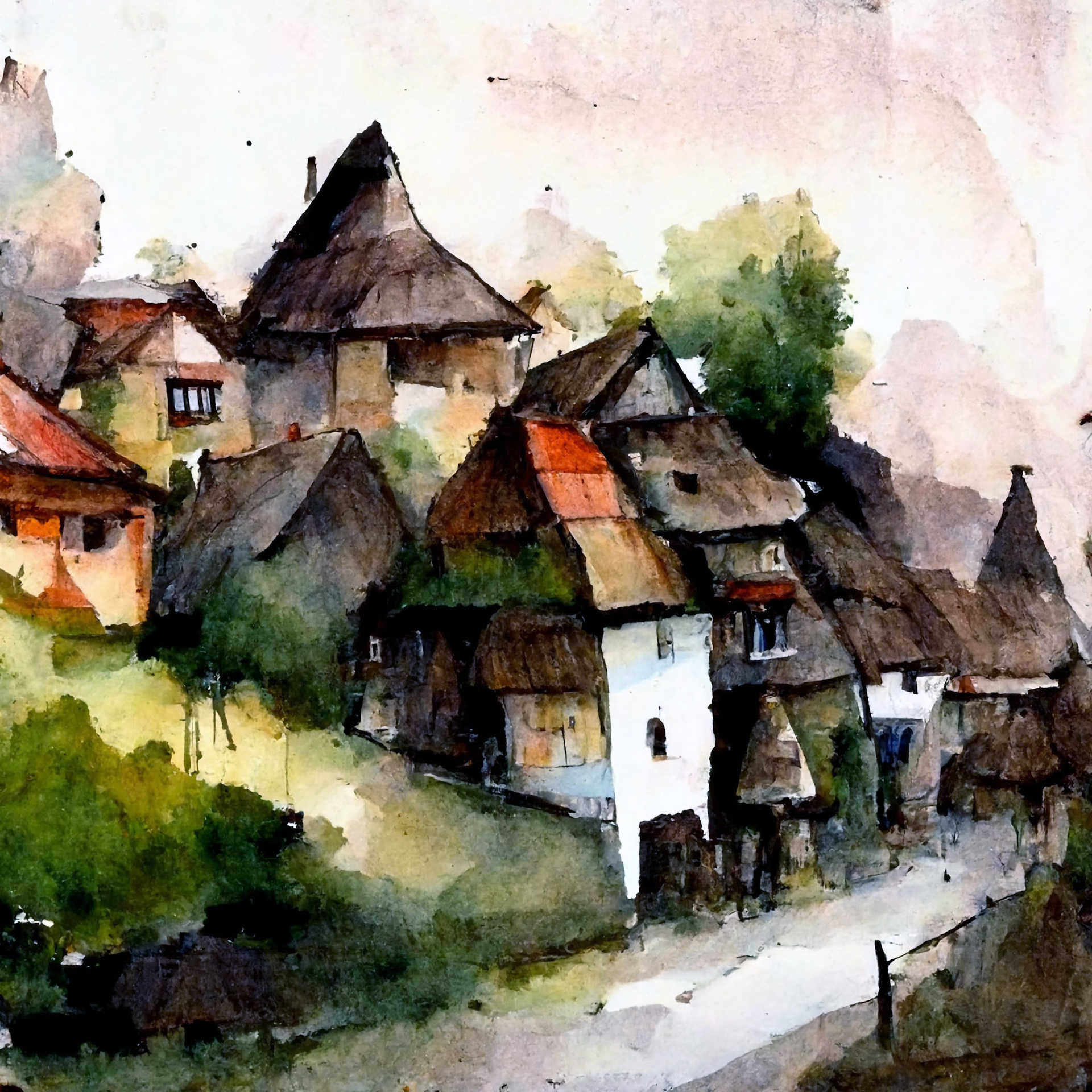 Watercolor Sketch Of A Village #2