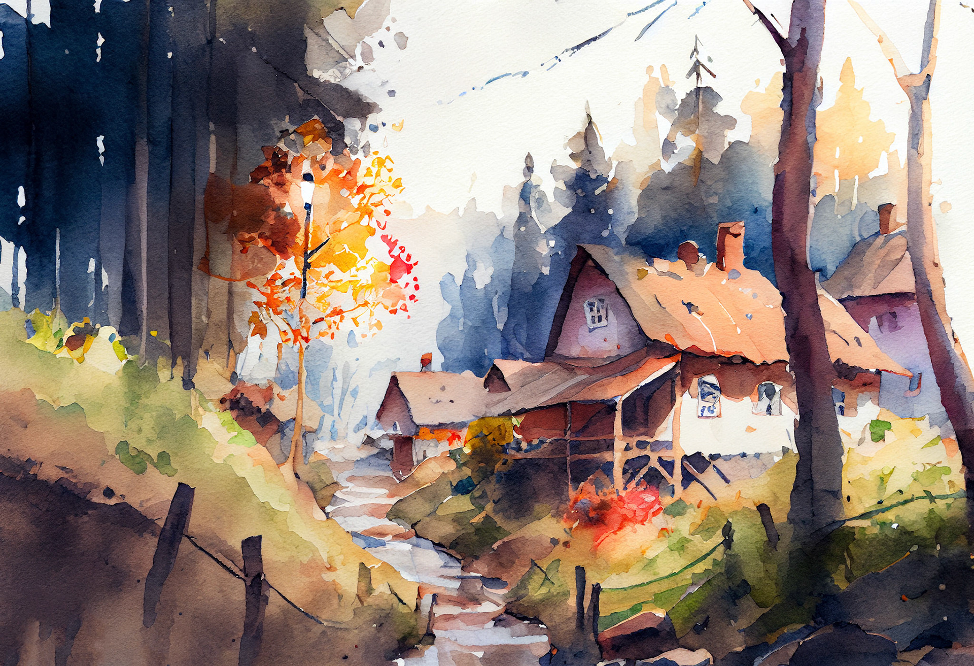 Watercolor Sketch Of A Village #7