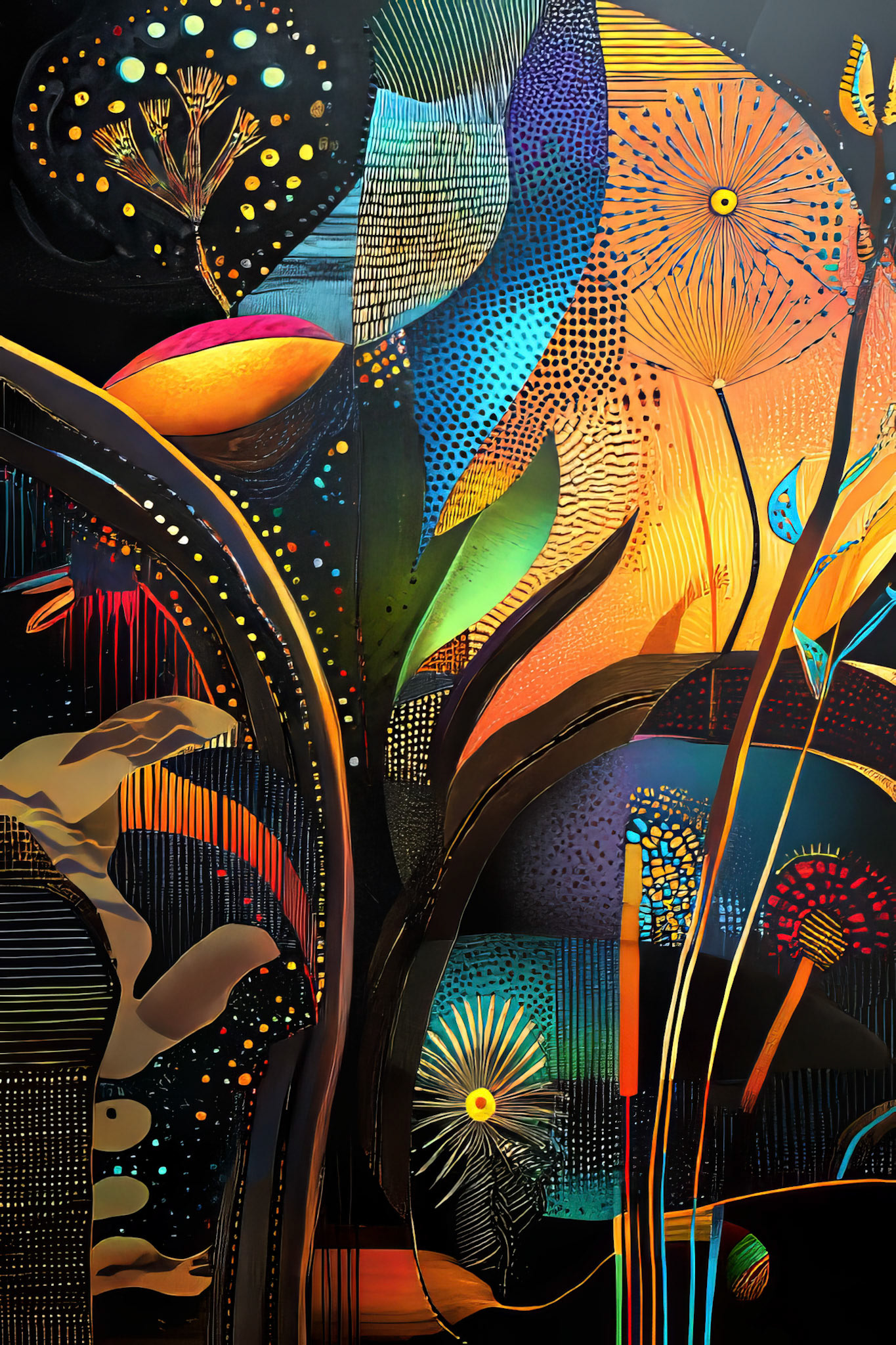 Idyllic African art on a black background, pastel colors --ar 2:3 --raw --profile c6rir8c --v 6.1 Job ID: 911b2e5e-96cb-4d5d-8668-9e808e63c26a