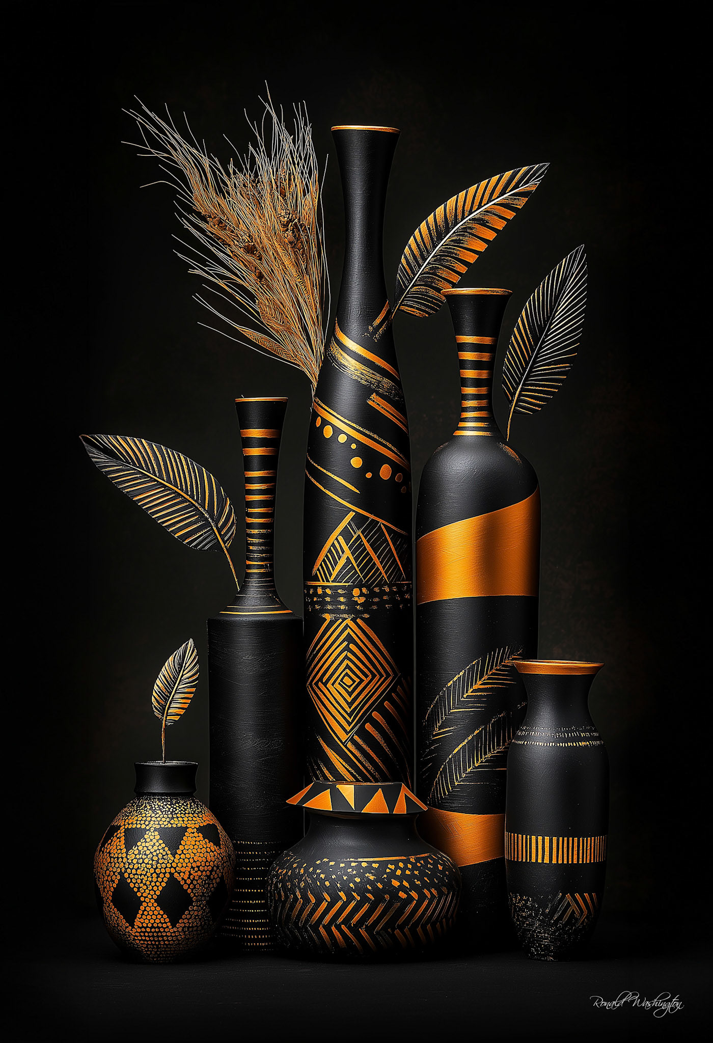 Tribal Art Vases In Black and Gold