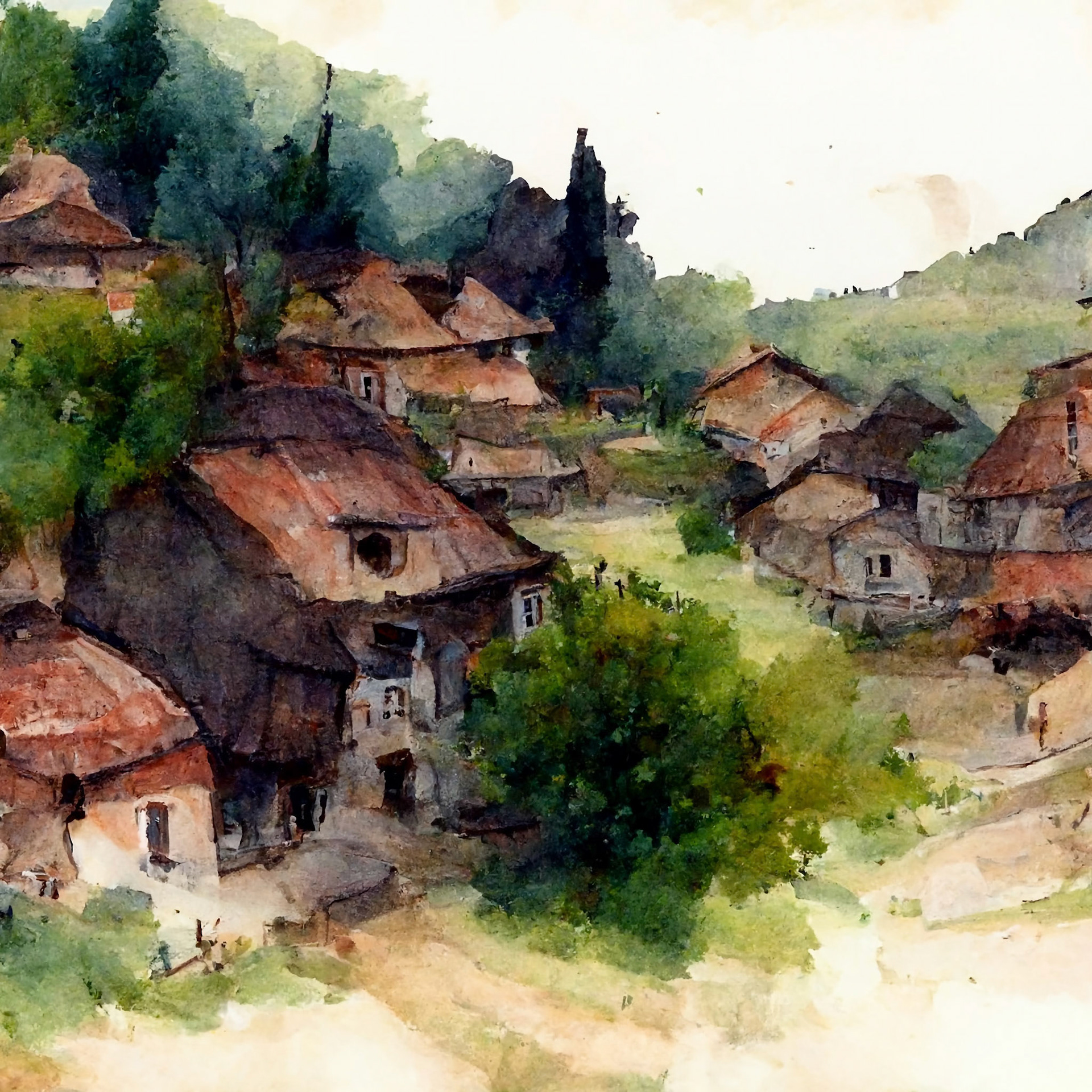 Watercolor Sketch Of A Village #3