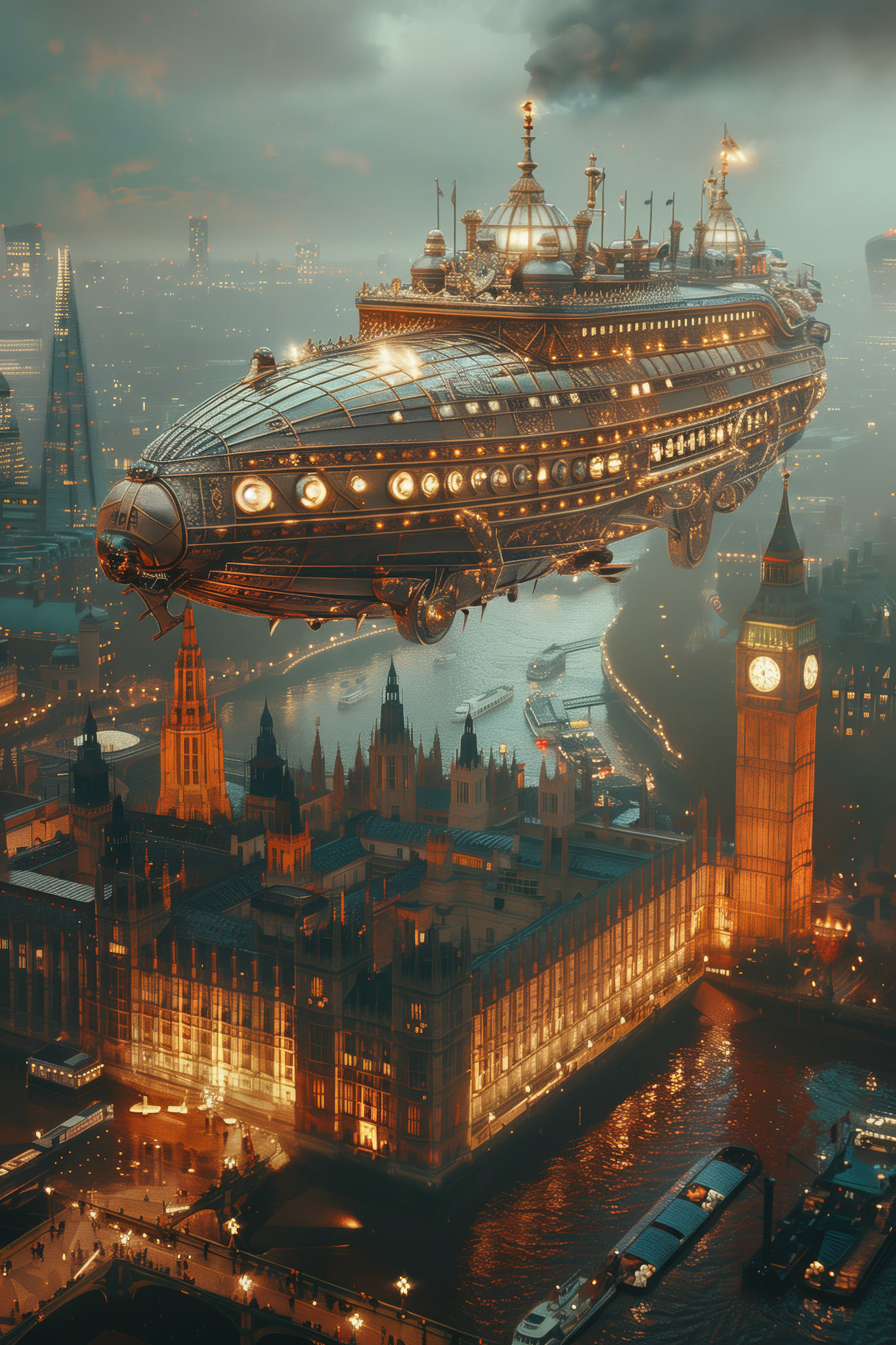 Steampunk Airship Flying Above Victorian Era London.