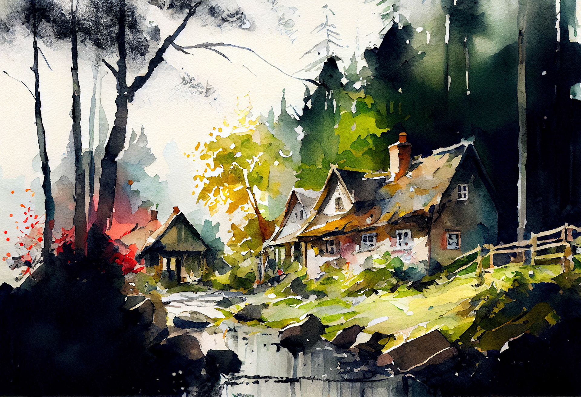Watercolor Sketch Of A Village #8
