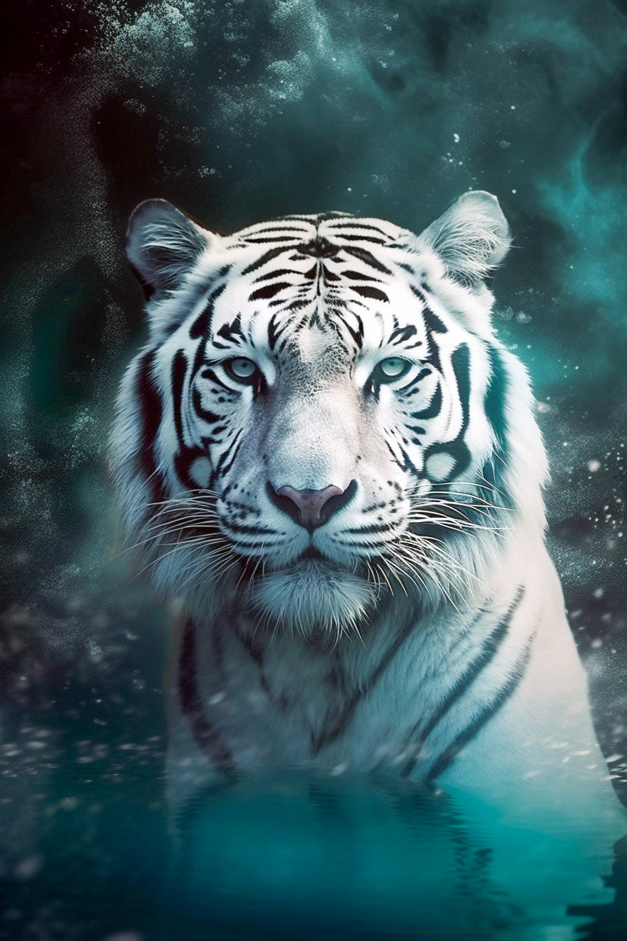 Majestic White Tiger Strolling Waist Deep In A Lake