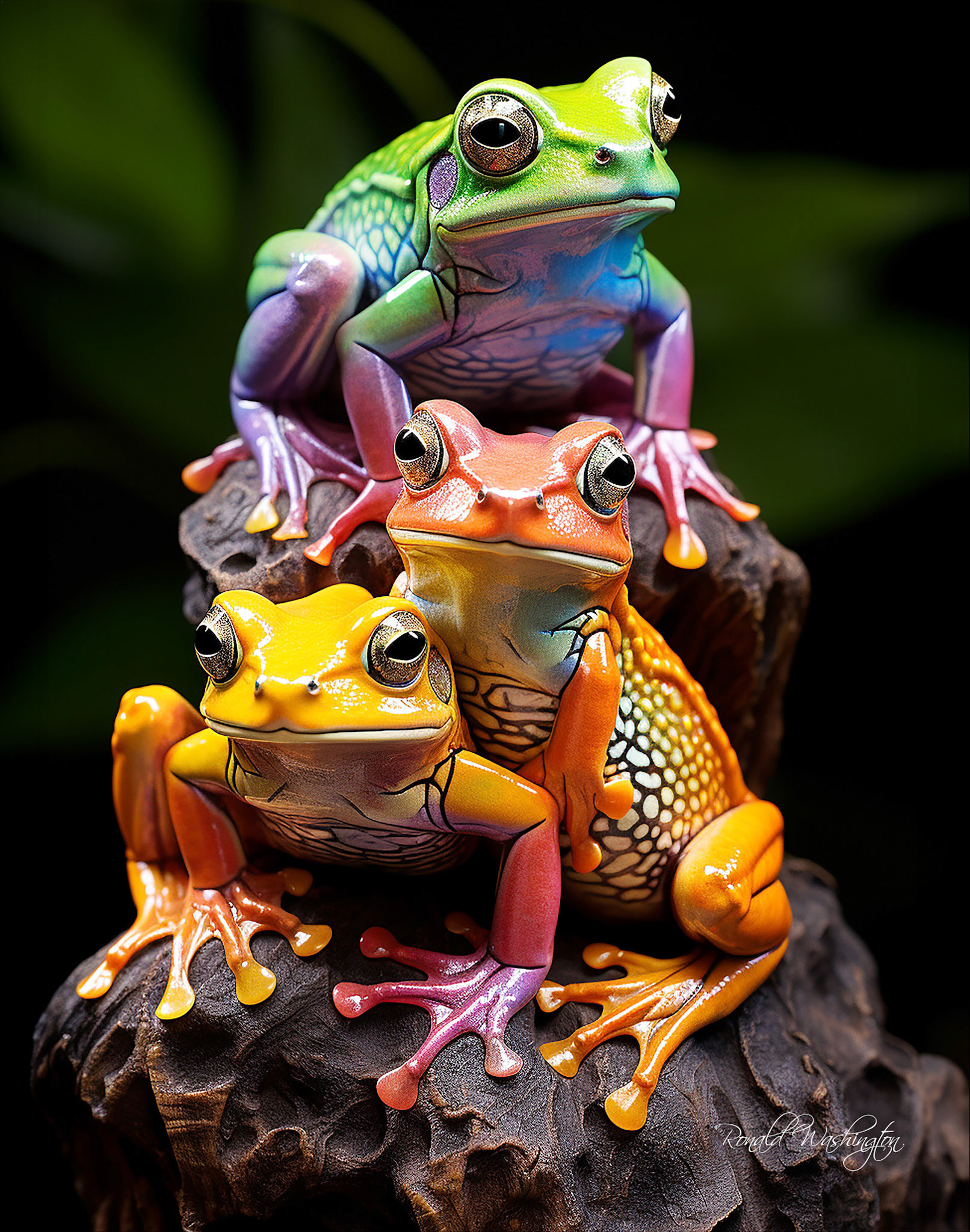 Three Iridescent Swamp Frogs