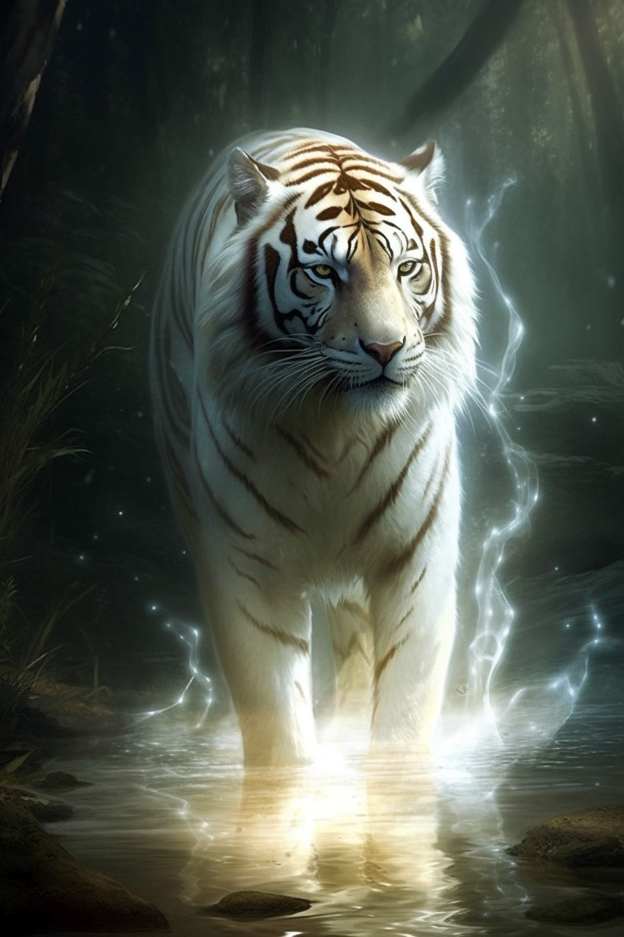 Majestic White Tiger Strolling In A Stream of Water