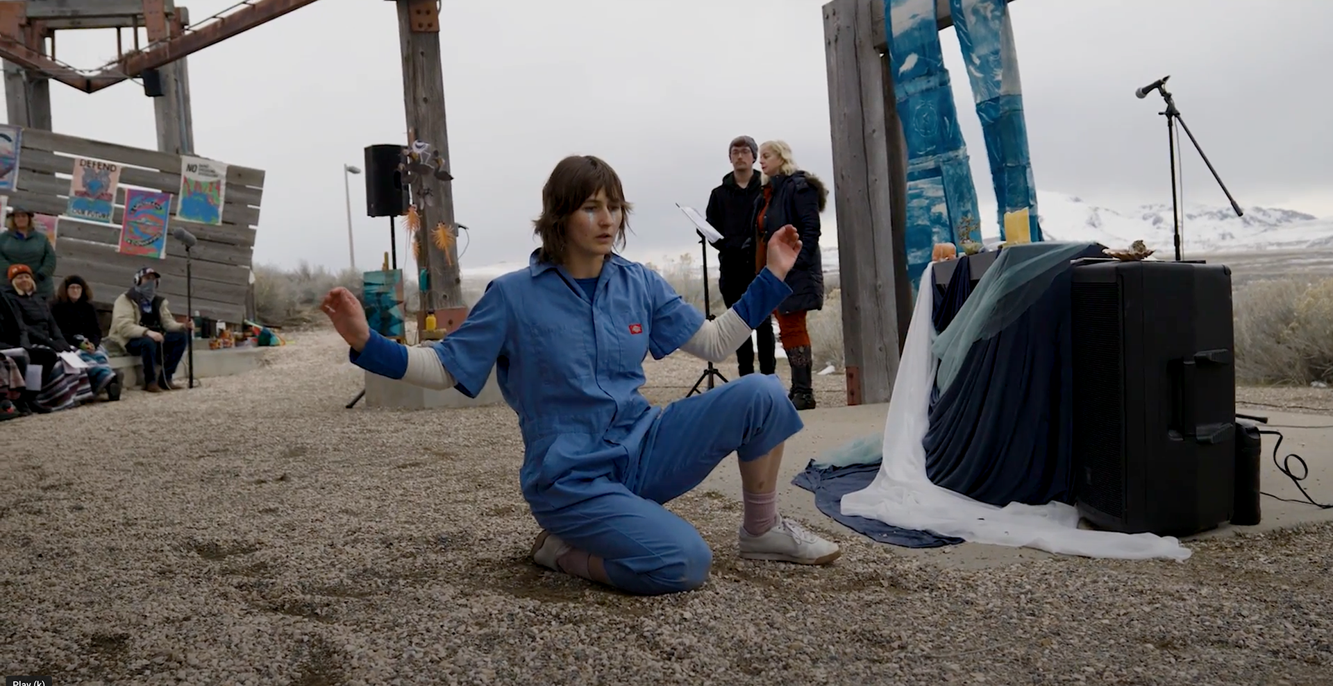 Sophia Cutrubus performs as the lake and various beings as part of a project created by Sarah for the closing ceremony of the 2022-2023 Great Salt Lake Vigil. Video still courtesy John Meier.