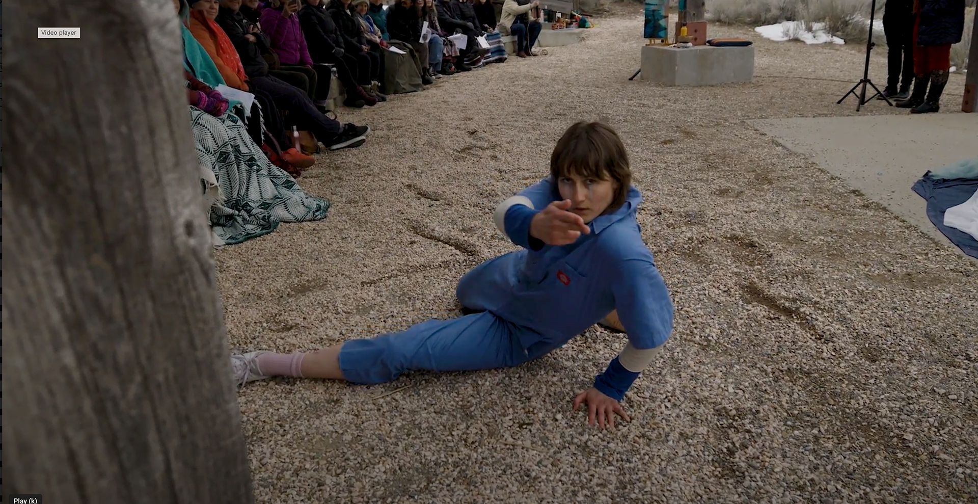 Sophia Cutrubus performs as the lake and various beings as part of a project created by Sarah for the closing ceremony of the 2022-2023 Great Salt Lake Vigil. Video still courtesy John Meier.