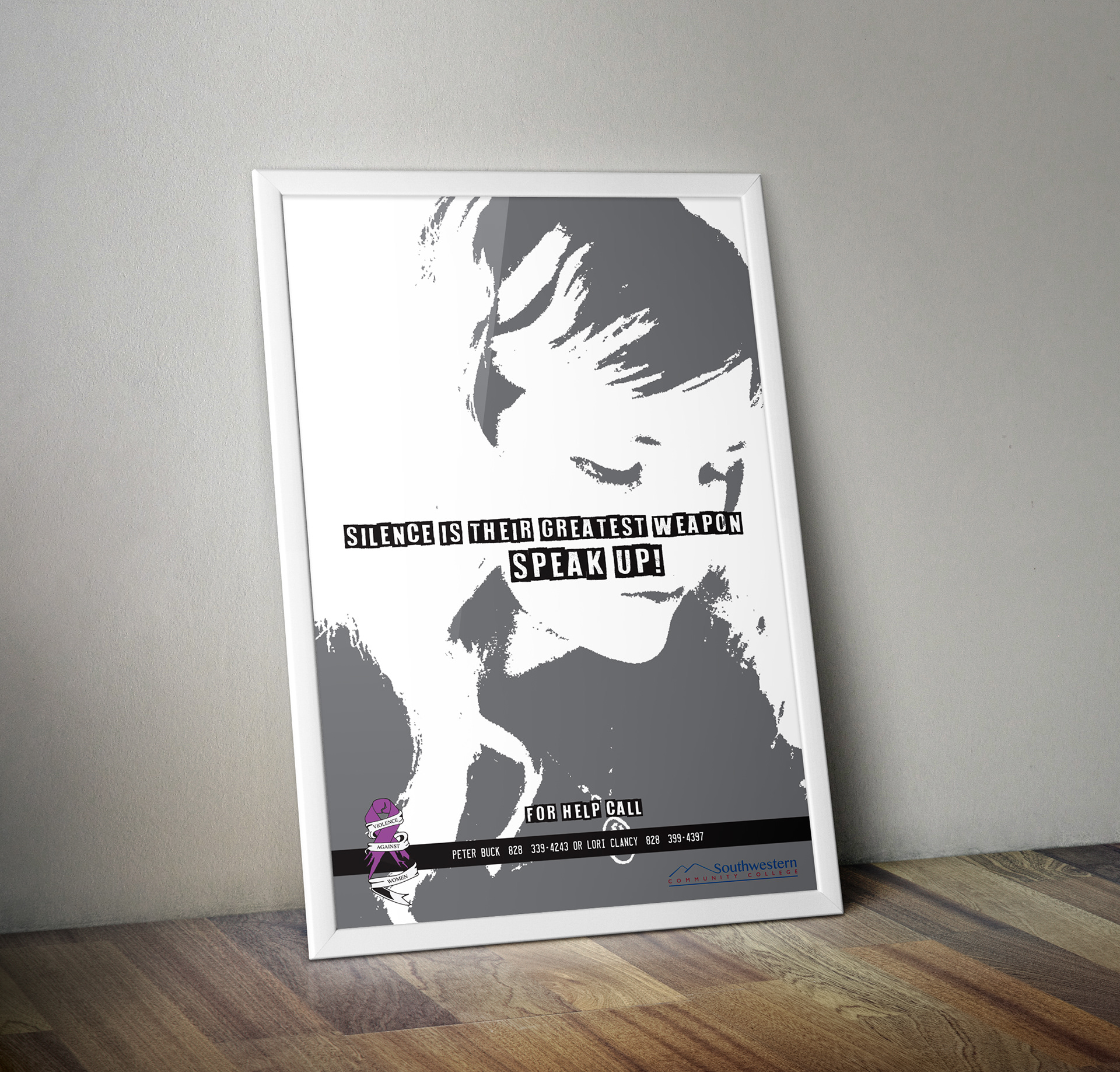 Abuse Poster, This poster was to raise awareness on abuse around campus and for people to speak up. The woman represents the aftermath of an act of violence, sad and ashamed.