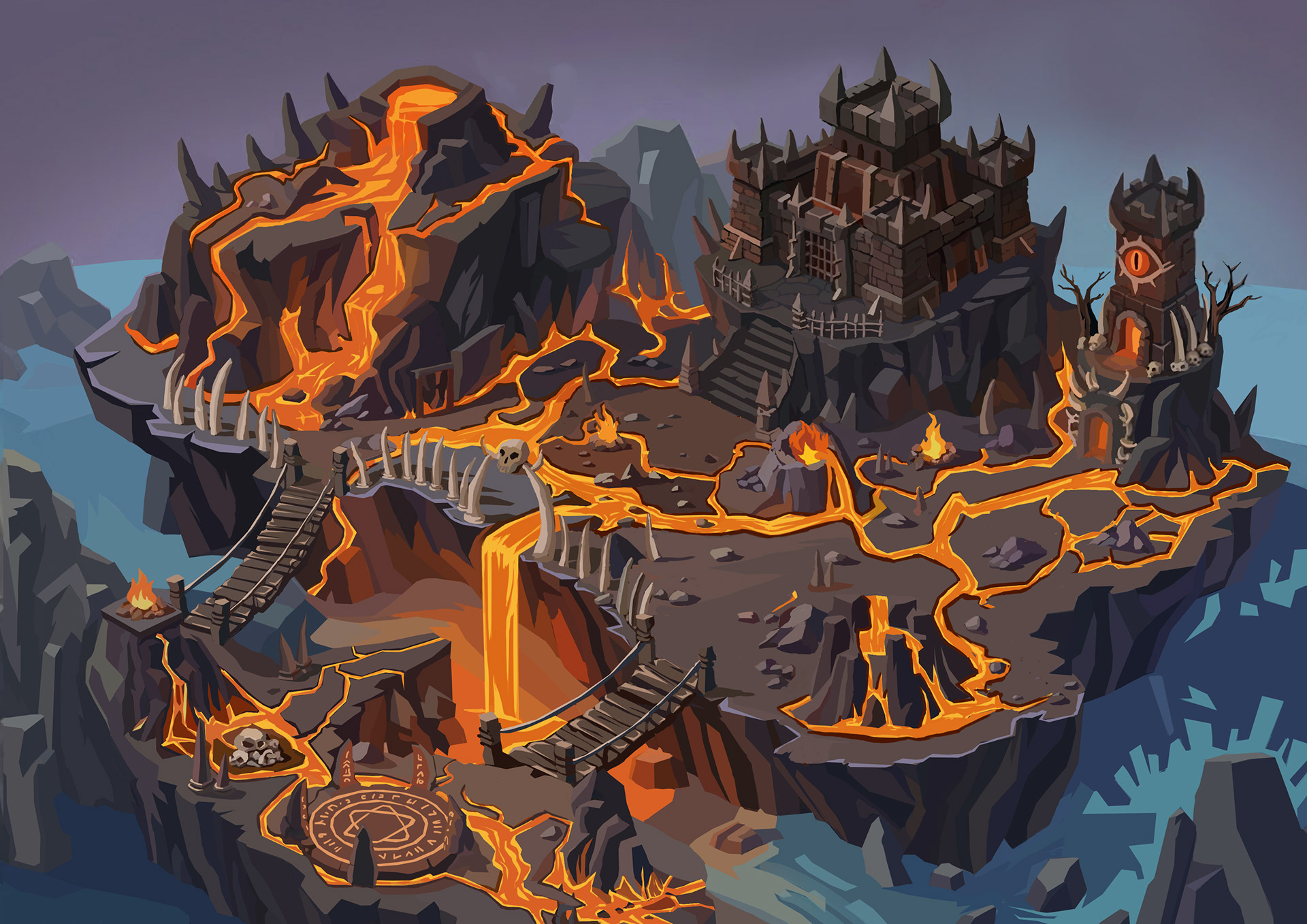 Mor'Khah — The Molten Purgatory Race: The Ember-Kin (Forgemasters as powerful as Asuras, possessing volatile and fiery temperaments).  Crystal: The Emberstone  Worldview Lore: Mor'Khah was once a majestic volcanic citadel where the Ember-Kin harnessed geothermal heat to forge indestructible weapons. Under the corrupting influence of the Void, the volcano has become hyperactive. Molten lava has submerged the lower city, leaving only the high-reaching castles and spires standing like islands amidst a sea of fire.  Level Design Intent: As shown in the concept art, this area is a multi-layered labyrinth carved out by flowing lava. The bone bridges and wooden walkways are not only perilous but structurally fragile. Giant flaming skulls and "Evil Eye" watchtowers signal that the land has been twisted by unstable fire magic. The player’s objective is to navigate the lava tributaries, ascend the jagged terrain, and reach the Great Hall of the highest fortress to reclaim the haywire Emberstone.