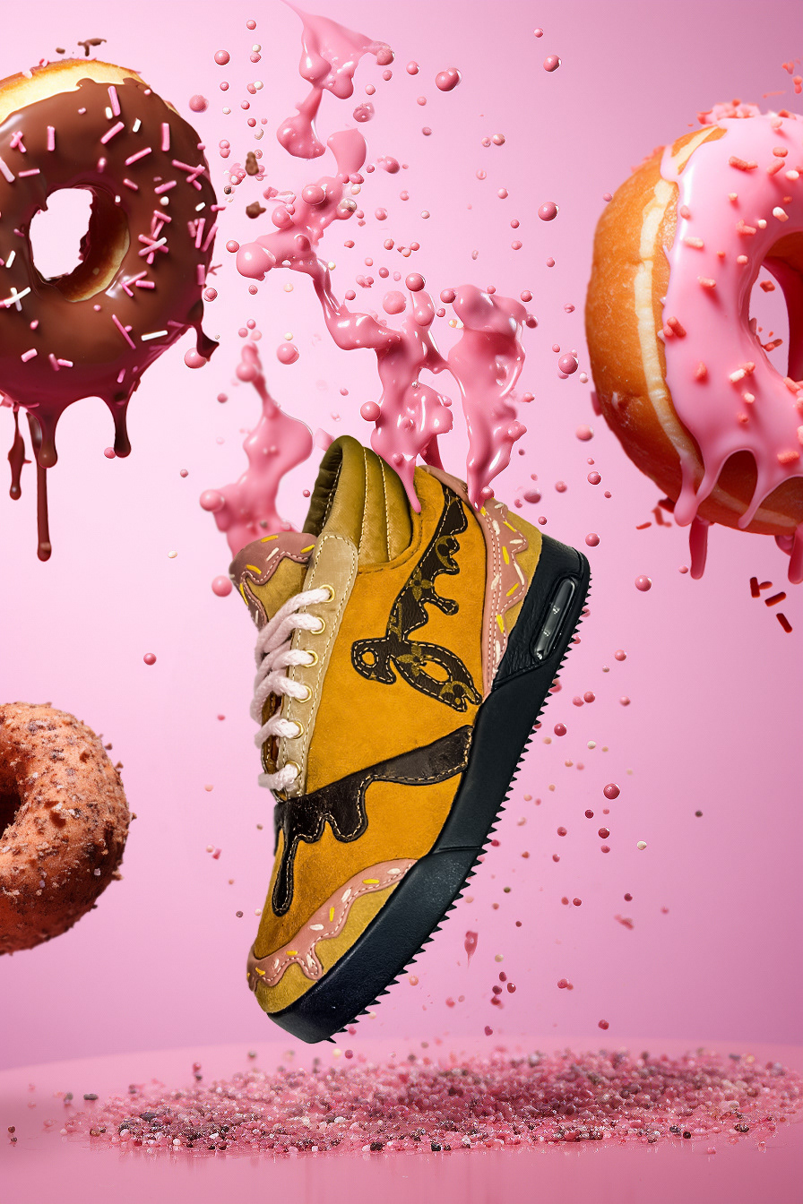 Custom John Geiger 001s floating above a pink backdrop. Flying donuts in the background with sprinkles everywhere.