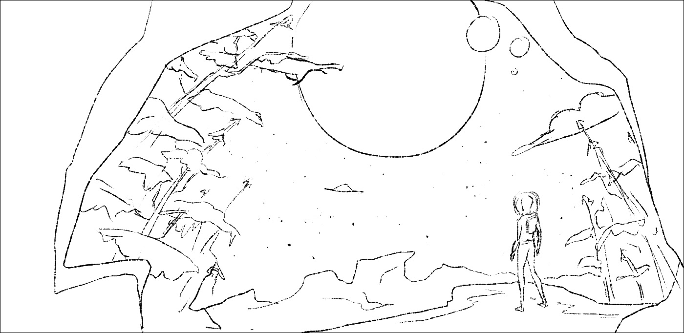 View from inside a cave of astronaut overlooking a foresty planet with