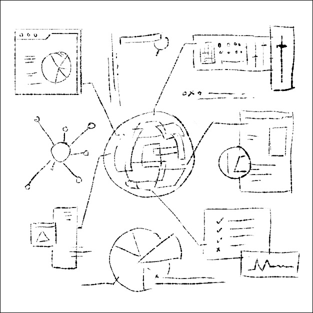 A crystal ball-like tool witholds many functions that appear around the ball in a futuristic manner.