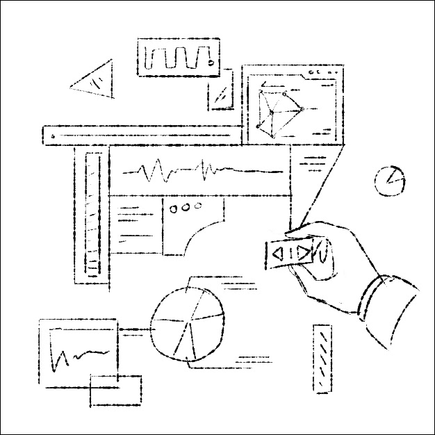 Various windows presenting various options and data are conjoined like puzzle pieces as an astronaut hand reaches to place down a piece.