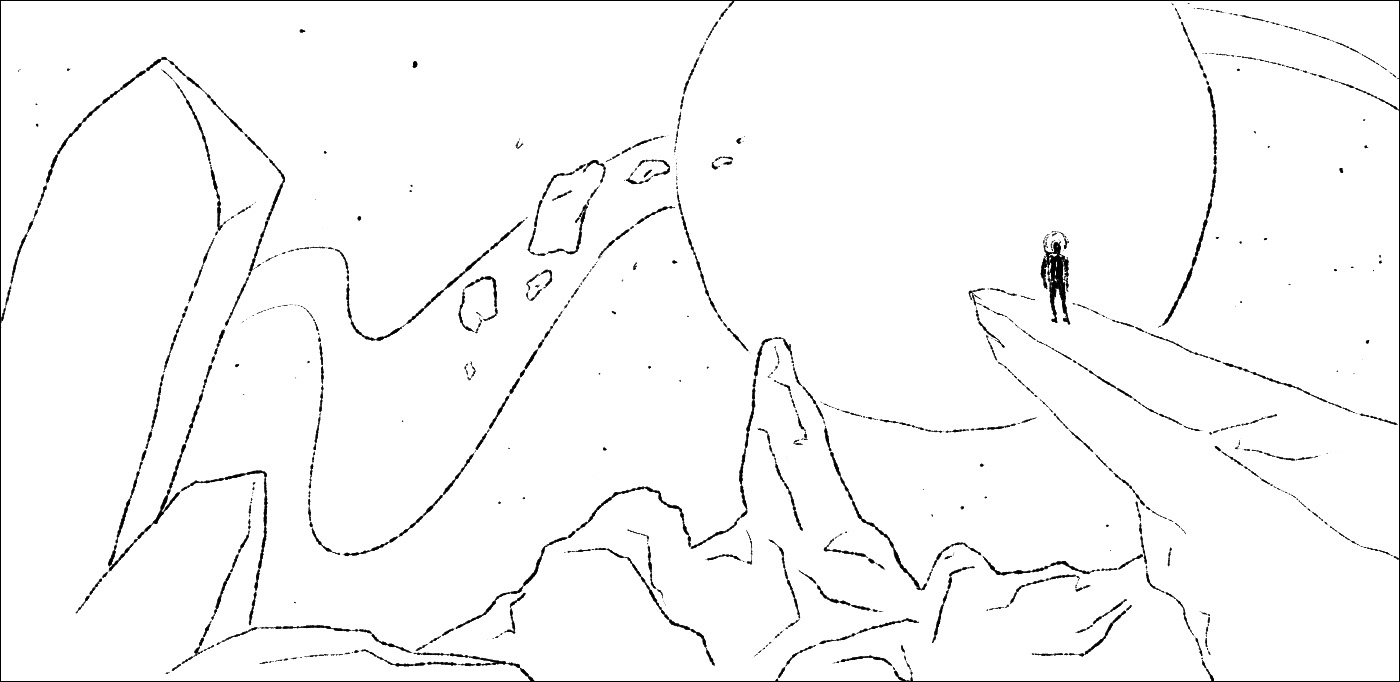 Astronaut overlooks a dry rocky planet, lit by a large moon, surrounded by asteroids and stars.