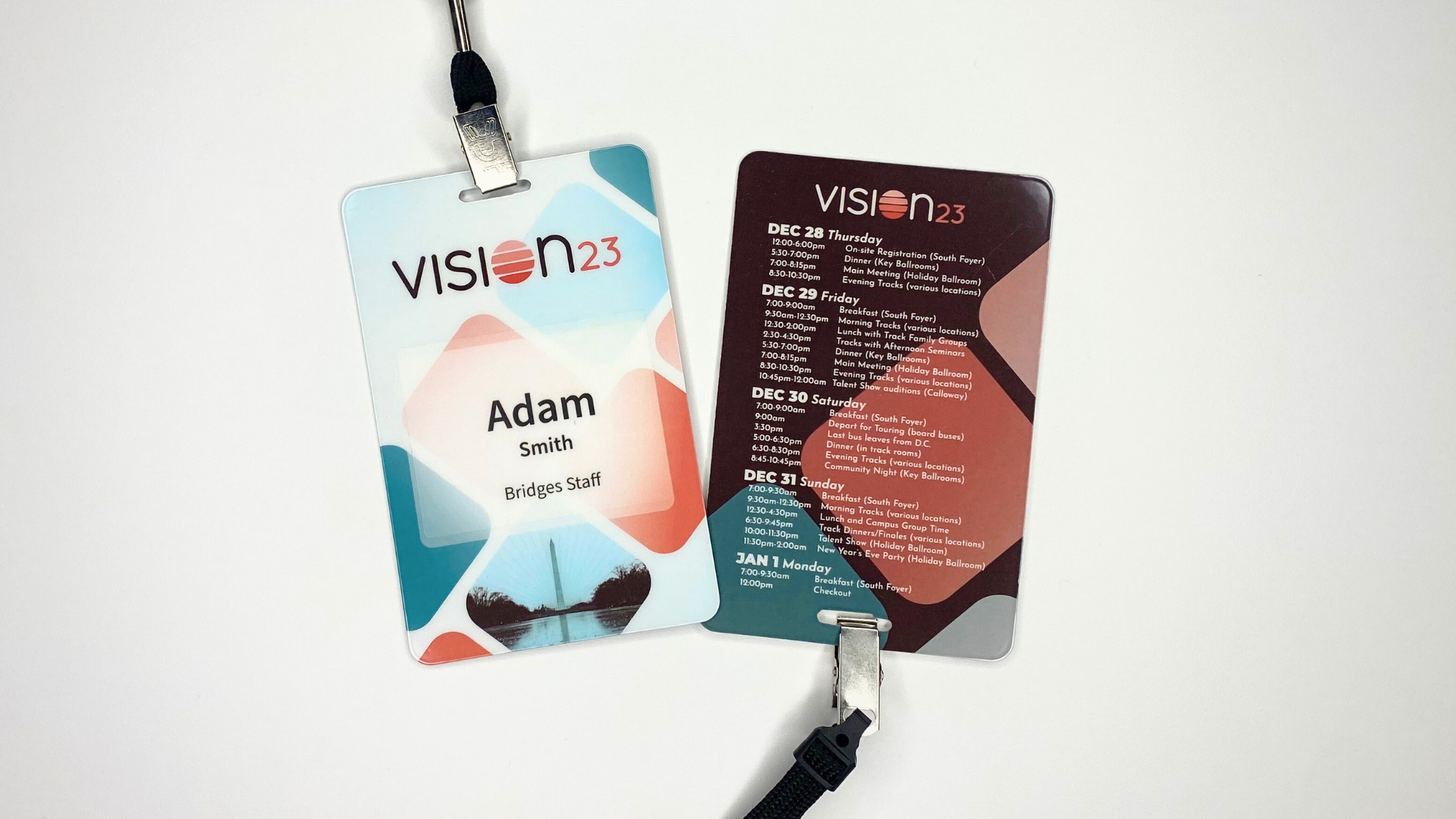 Conference name card with schedule (front/back)