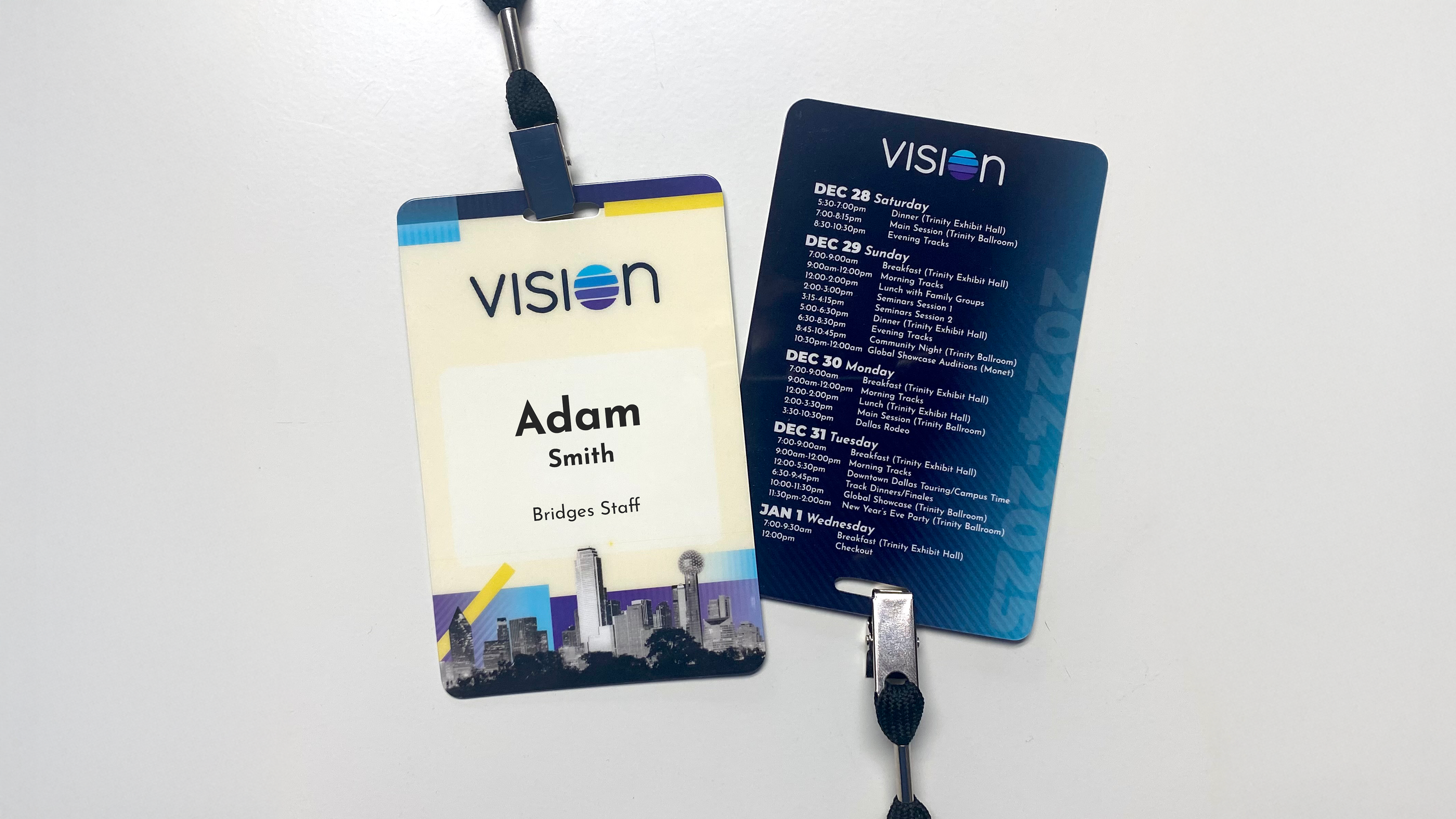 Conference name card with schedule (front/back)