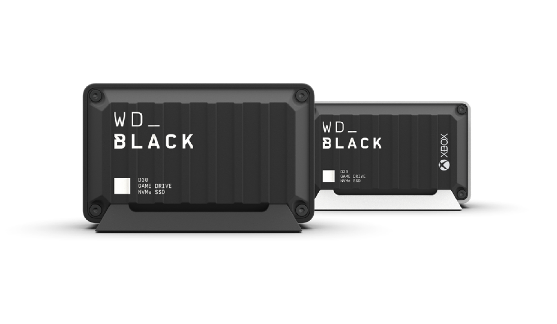 The WD_BLACK D30 is a dedicated console storage drive designed specifically for Playstation and Xbox users. Its design is meticulously crafted to seamlessly complement the aesthetic of the console, especially when positioned adjacent to the user's gaming device.