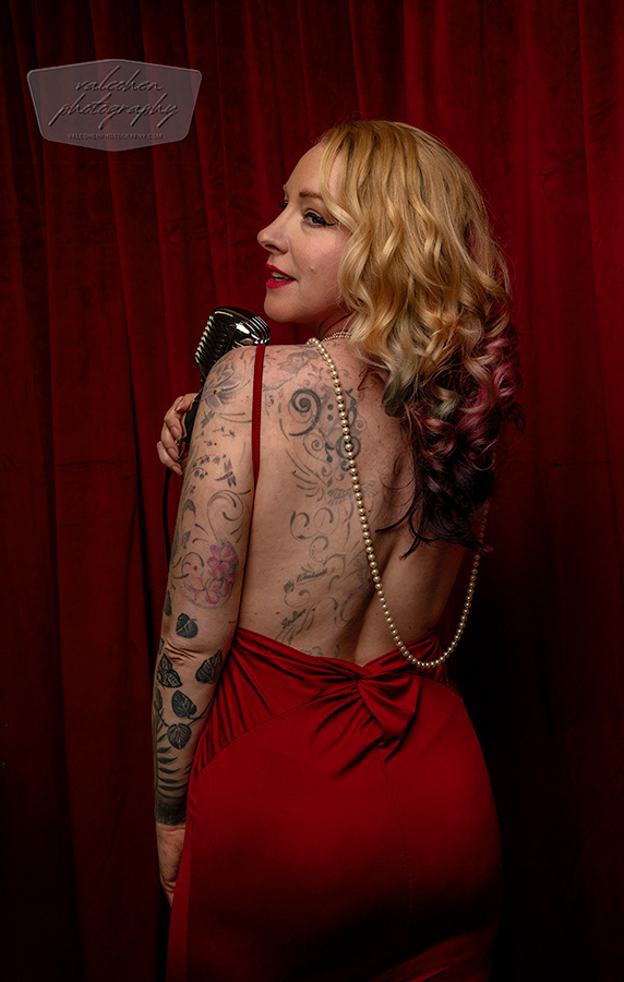 Portrait, Glamour, Vintage Microphone, Red Curtain