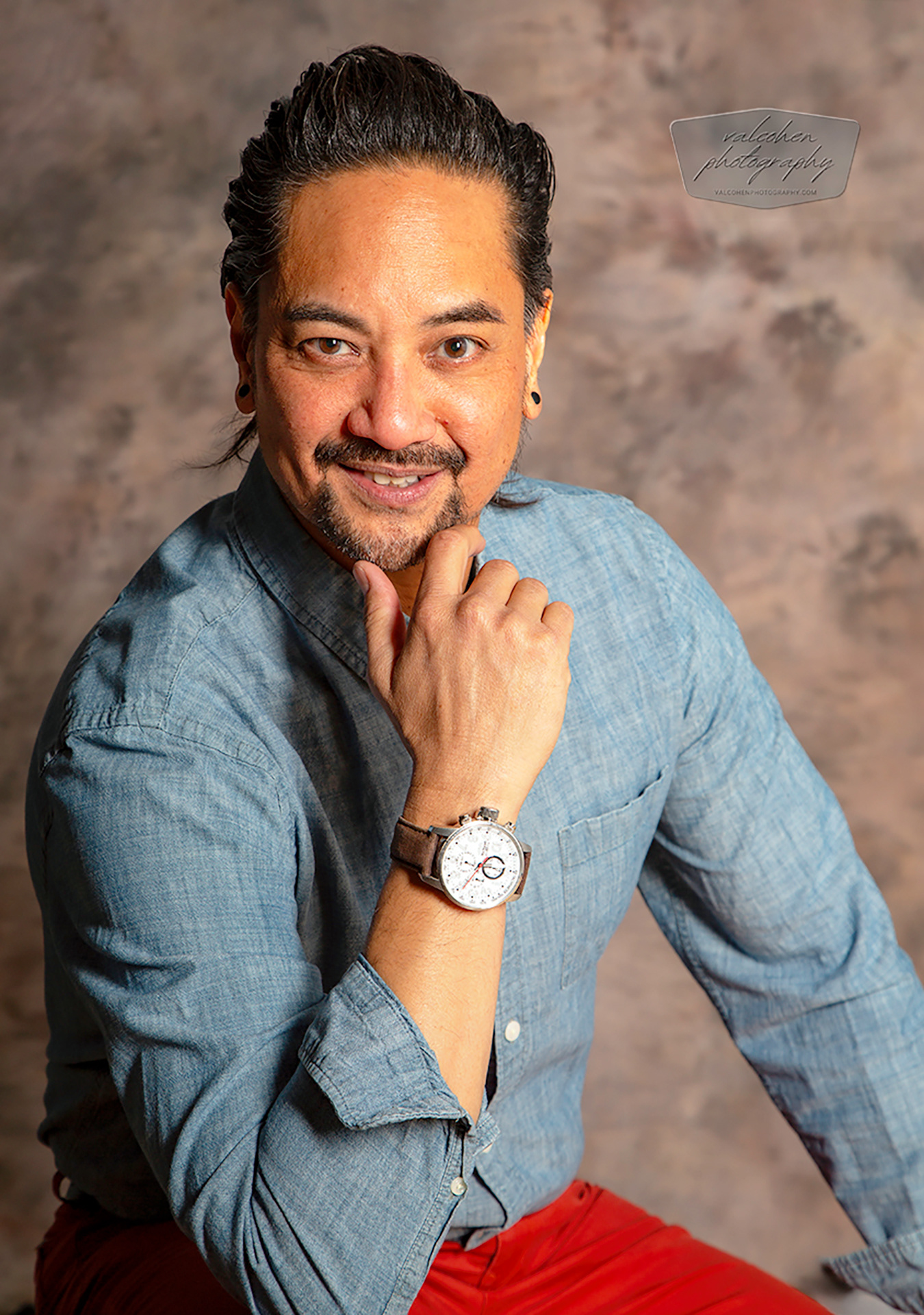 Portrait, Male, Denim Shirt, Watch, Sitting