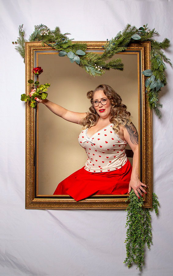 Pinup, Female, Red, White, Flower, Rose, Frame, Glasses