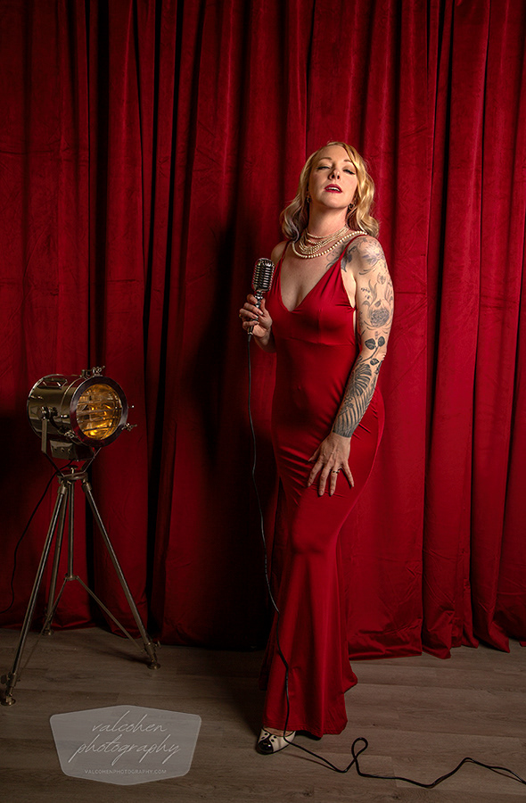Portrait, Glamour, Vintage Microphone, Red Curtain