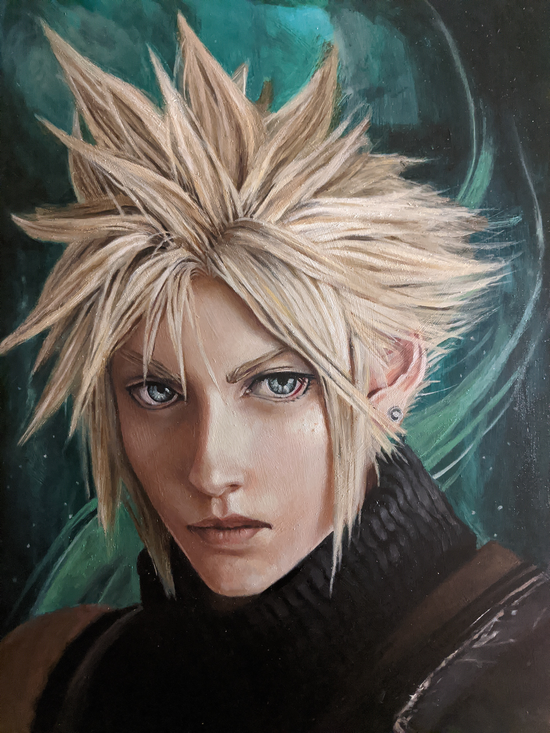 Oil on gesso hard board of Cloud from Final Fantasy 7.