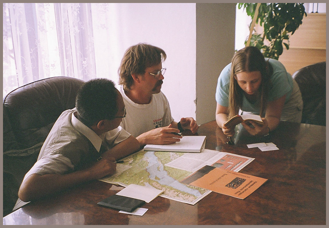 Communication. Translating landscape prehistory with Dimitri, a Buryat archaeologist and Amber, our translator. Ulan-Ude, Buryatia, Russia