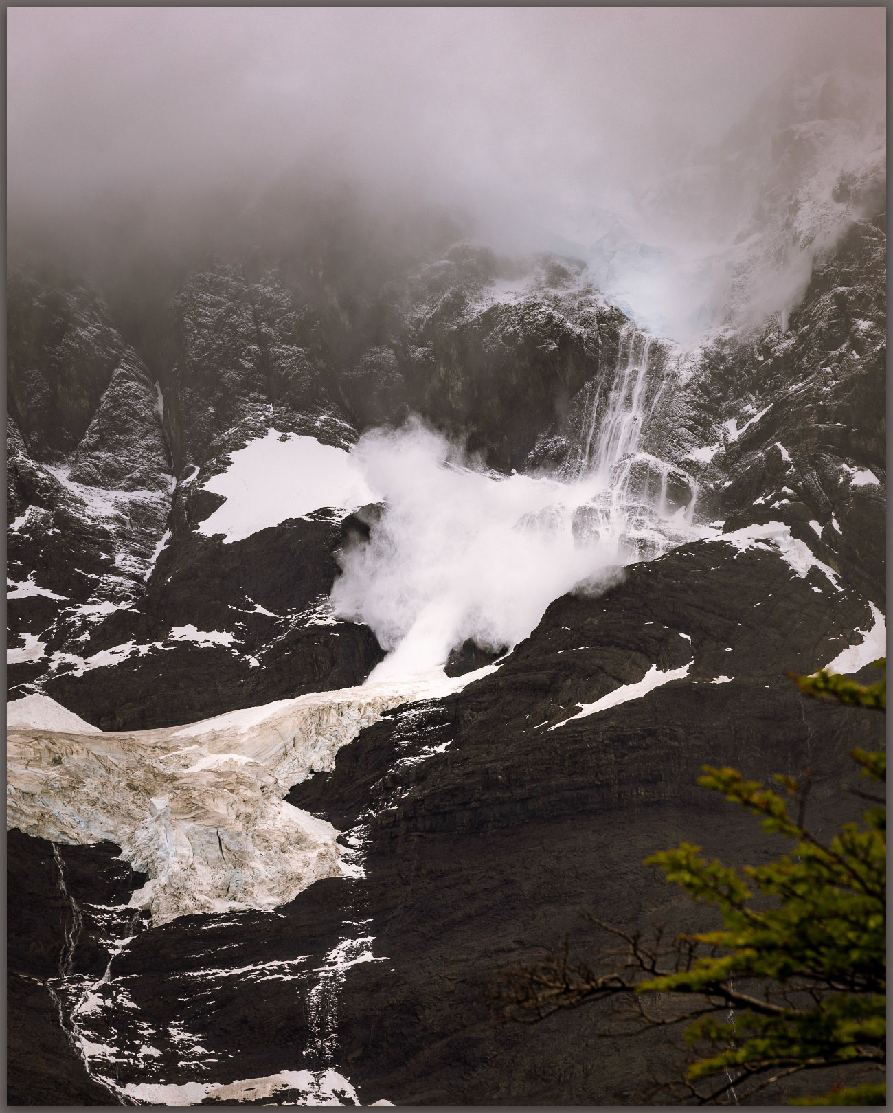 Snow falls. Avalanches rumble from the hanging glaciers of French Valley, Torres del Paine National Park, Chile