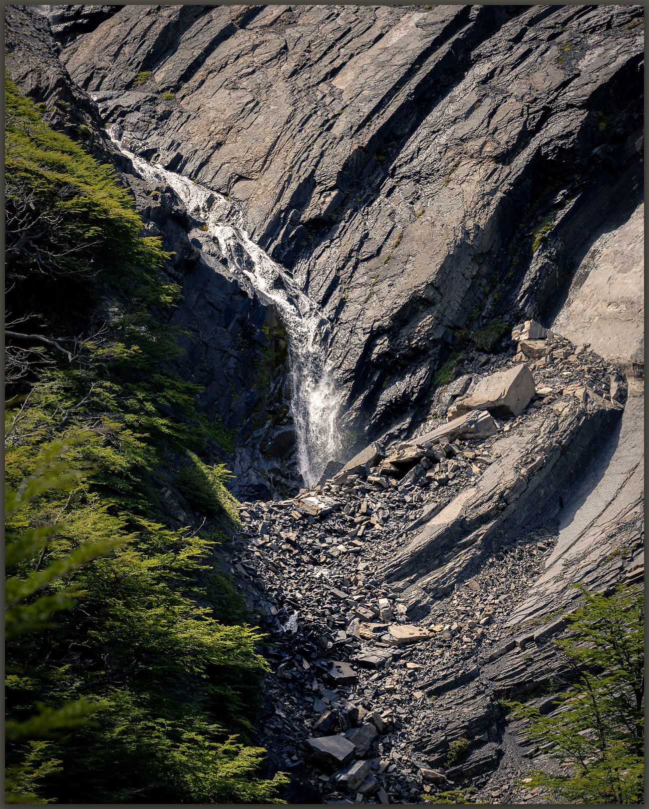 Water to scree. The walls of Rio Ascencio, Torres del Paine National Park, Chile