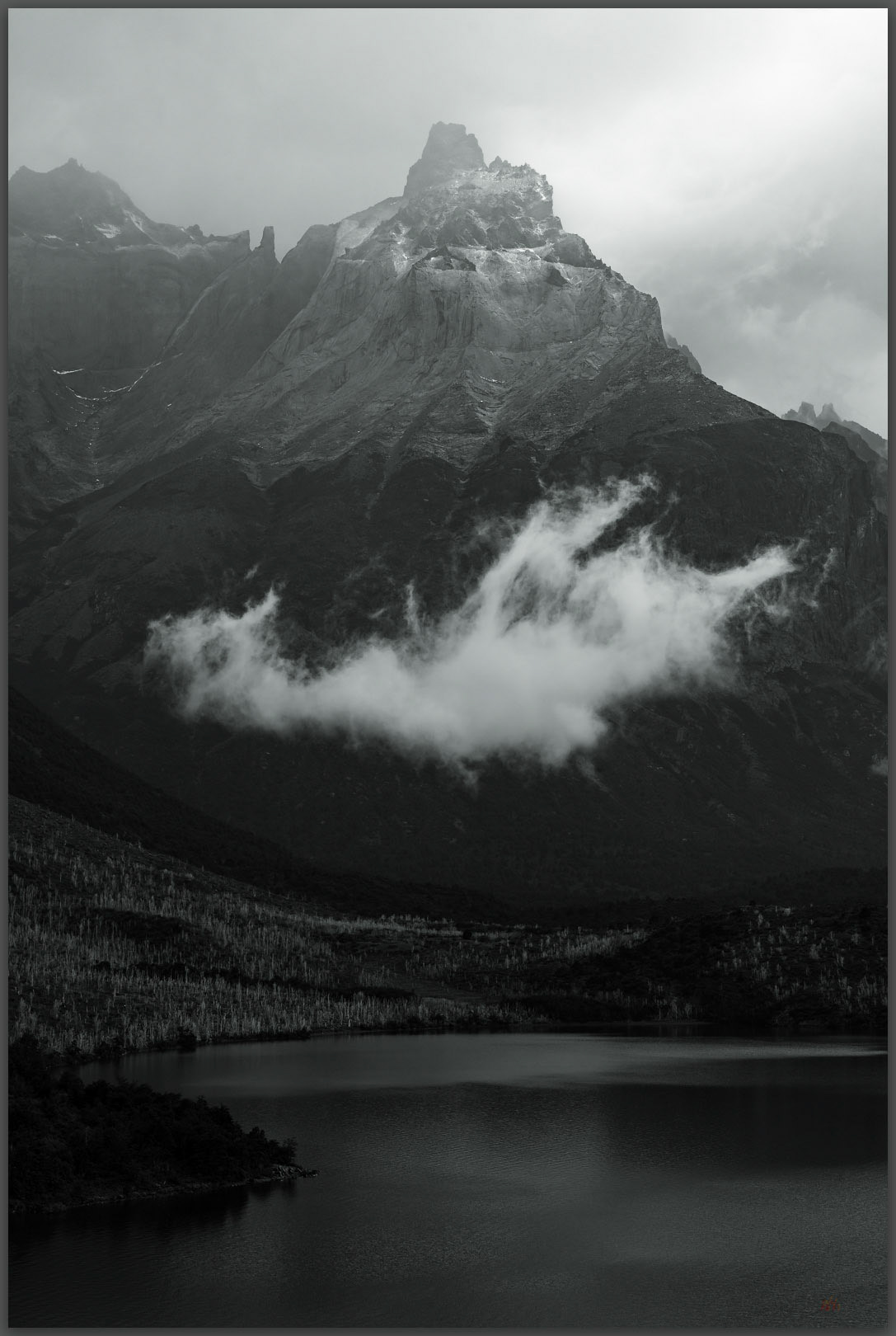 Lightness. C louds swirl above Lago Scottsberg, Torres del Paine National Park, Chile