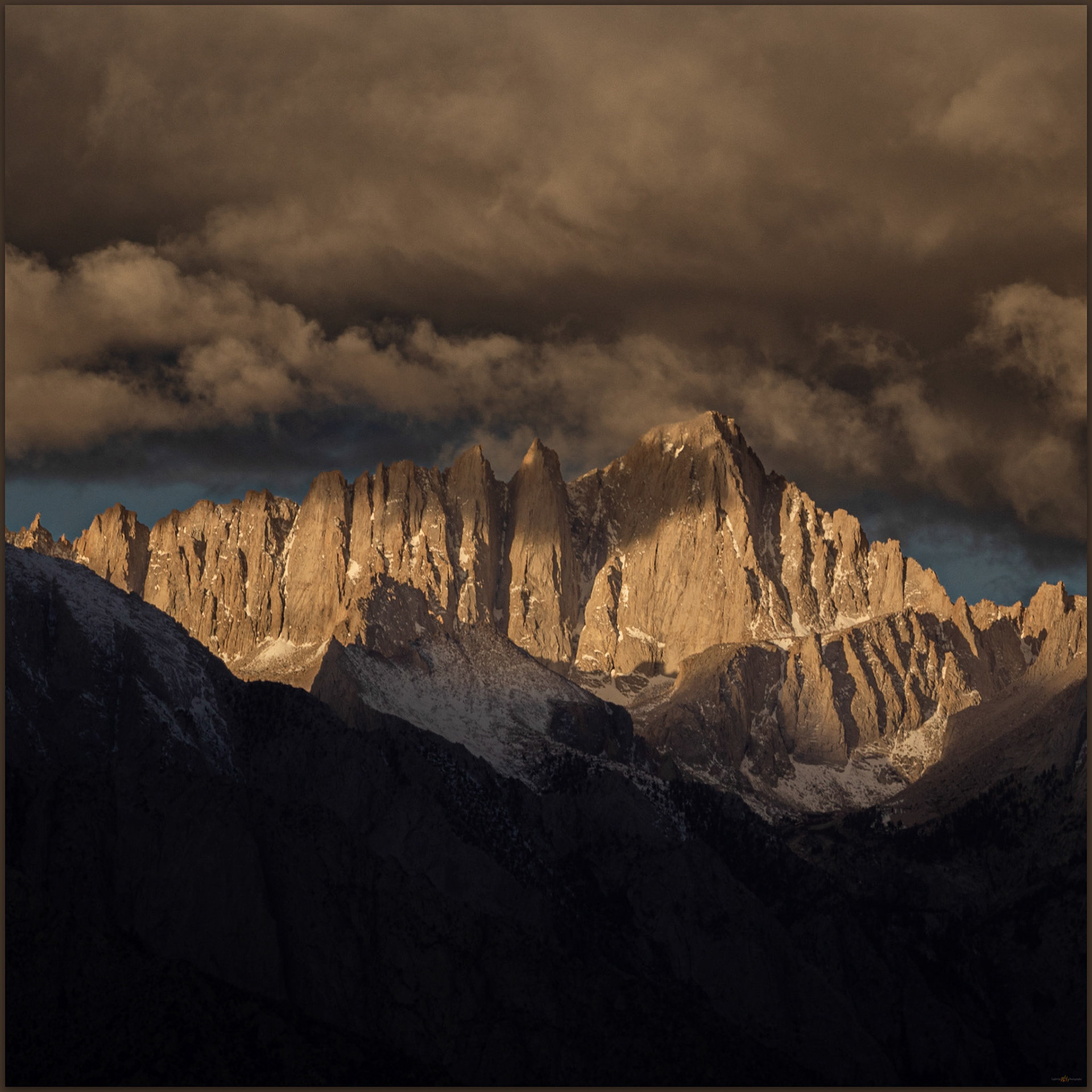 Whitney and the needles. An approaching storm brings changes in the early morning of the Eastern Sierra, Owens Valley, CA, USA