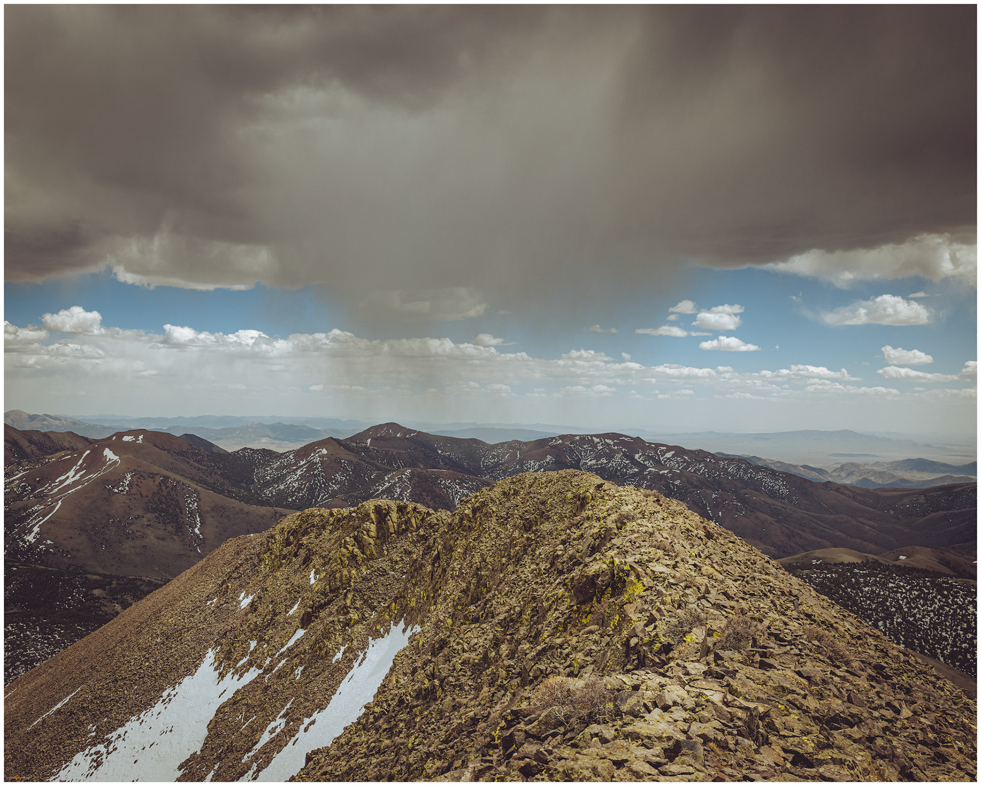 A springtime squall approaches the south summit ridge of Arc Dome, Toiyabe Range, Nevada.