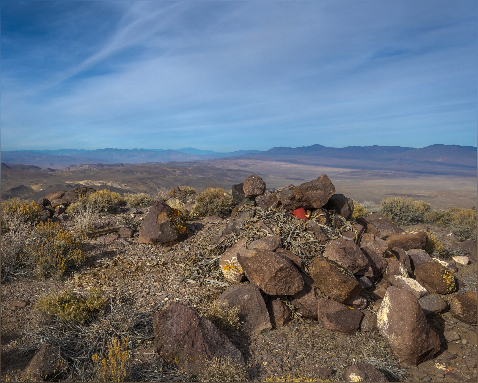 Red register. Cristo VABM, the summit of the Monte Cristo Range, Great Basin Desert, NV, USA