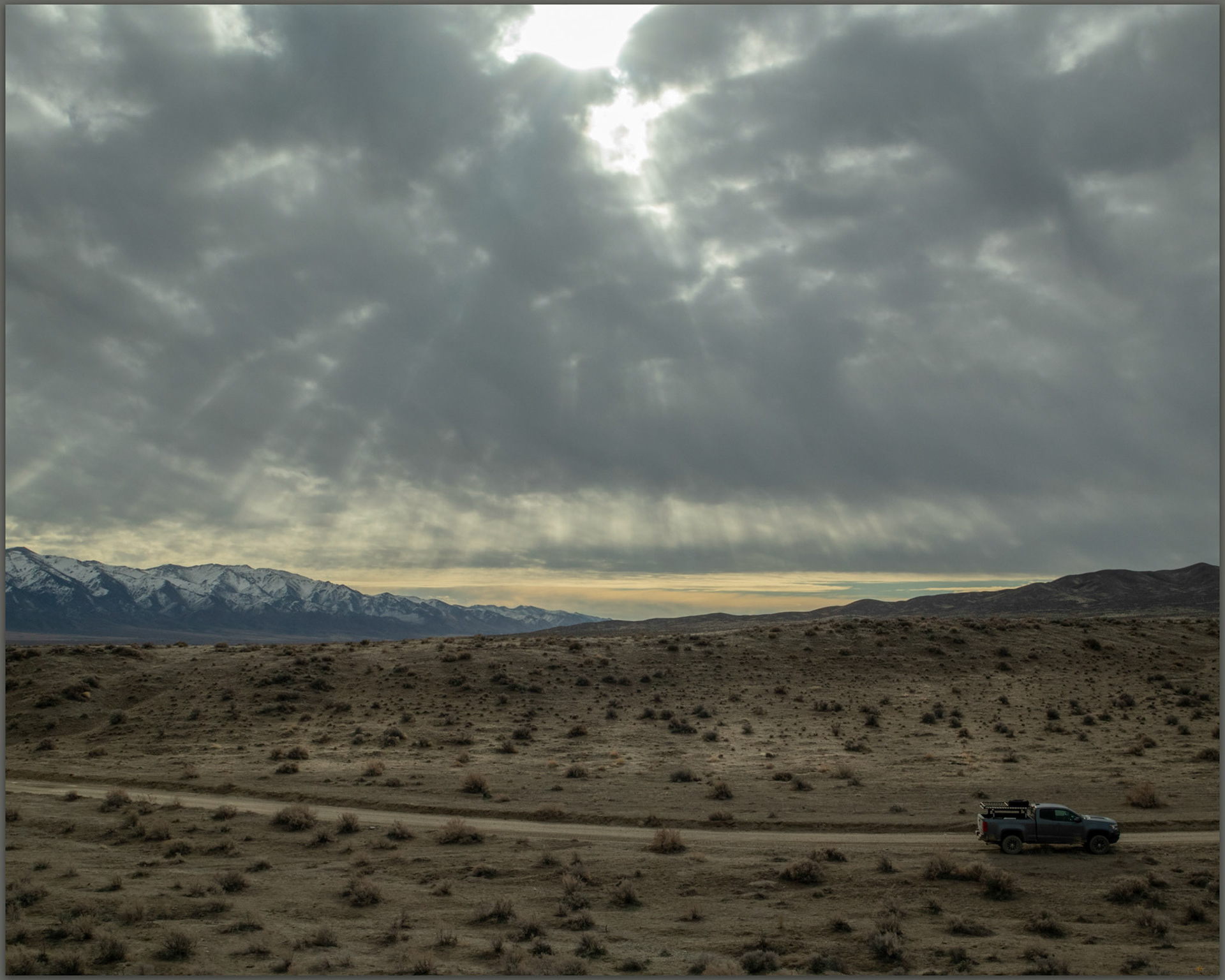 Morning clouds beckon snow at Poker Brown Wash, Great Basin Desert, Nevada, USA