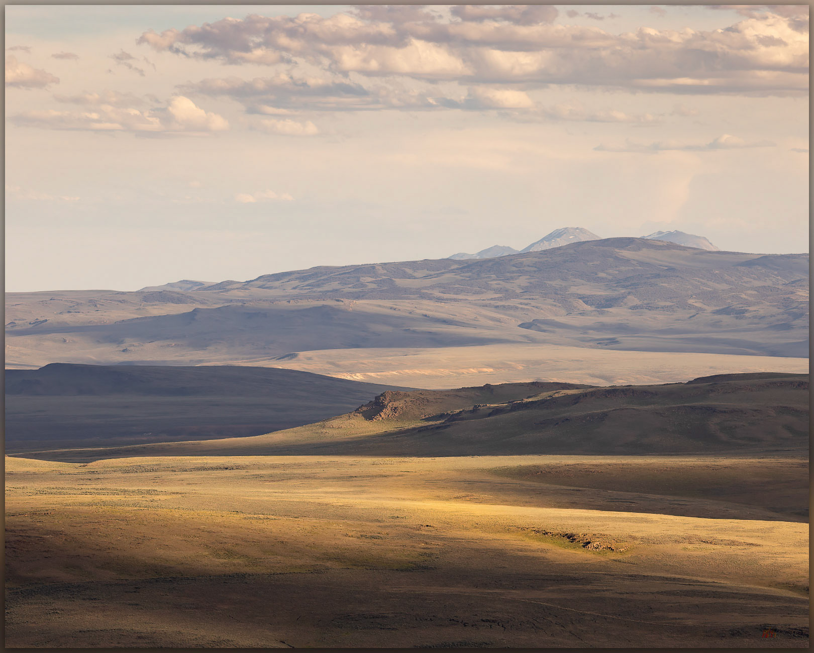 Caldera edge. Evening light on rhyolite outcrops with Granite Range in the distance, Great Basin Desert, NV, USA